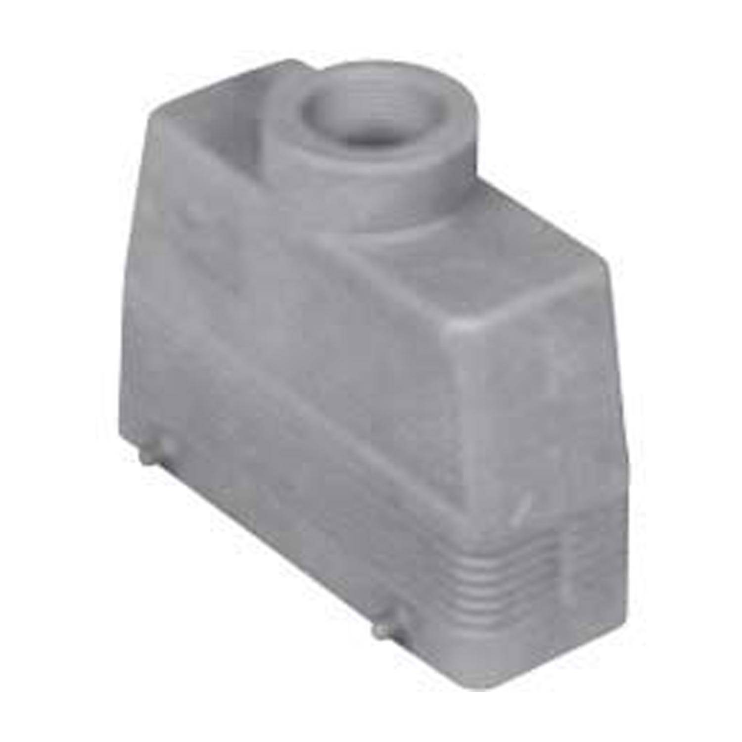 Ein grauer rechteckiger Gegenstand mit einer zylindrischen Öffnung oben und gerillten Seitenflächen, der einem Kunststoffkanal oder einer Gehäusekomponente ähnelt.