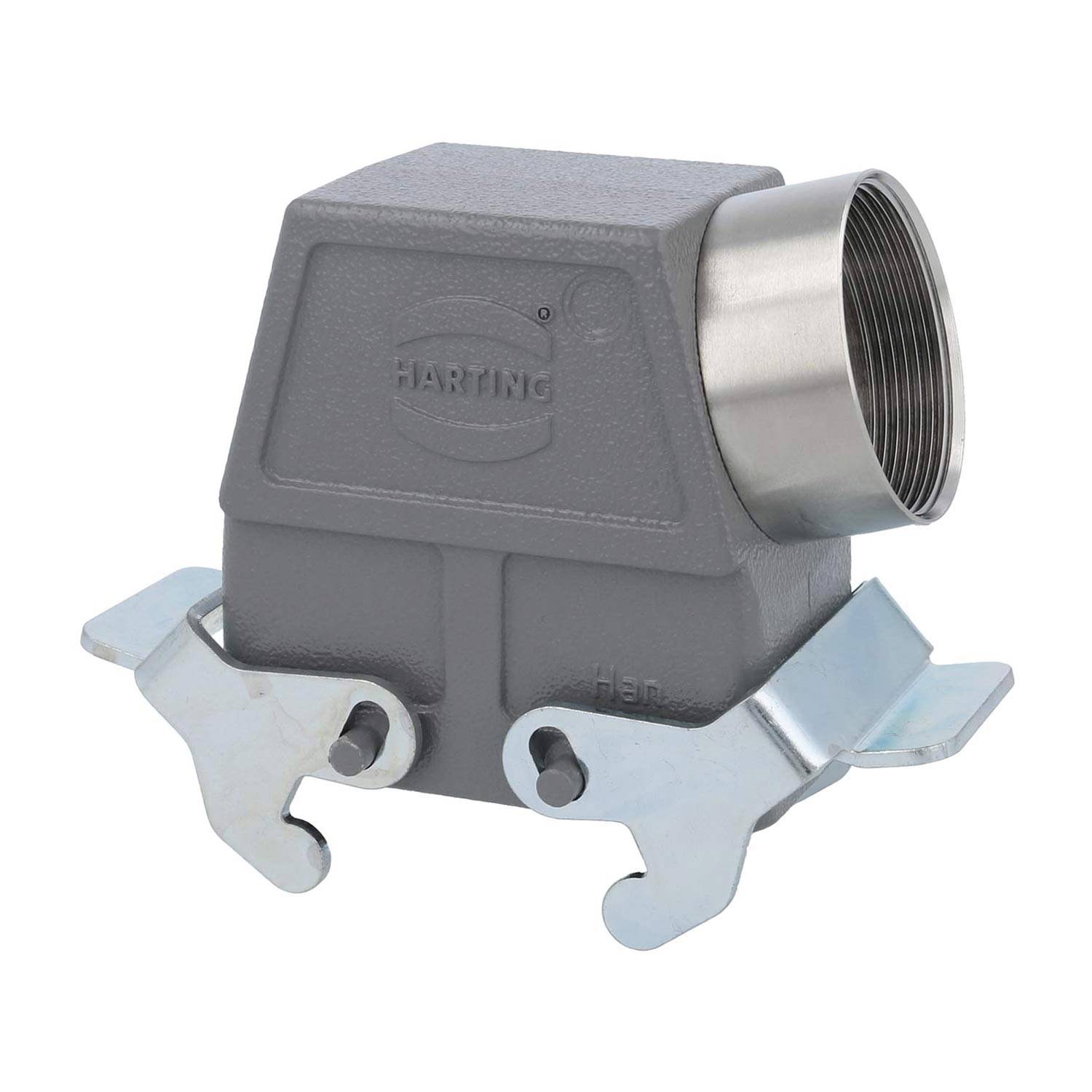 HARTING Metallgehäuse für Verbinder mit zwei Sicherungsclips an den Seiten, konzipiert für industrielle Verdrahtungsanwendungen.
