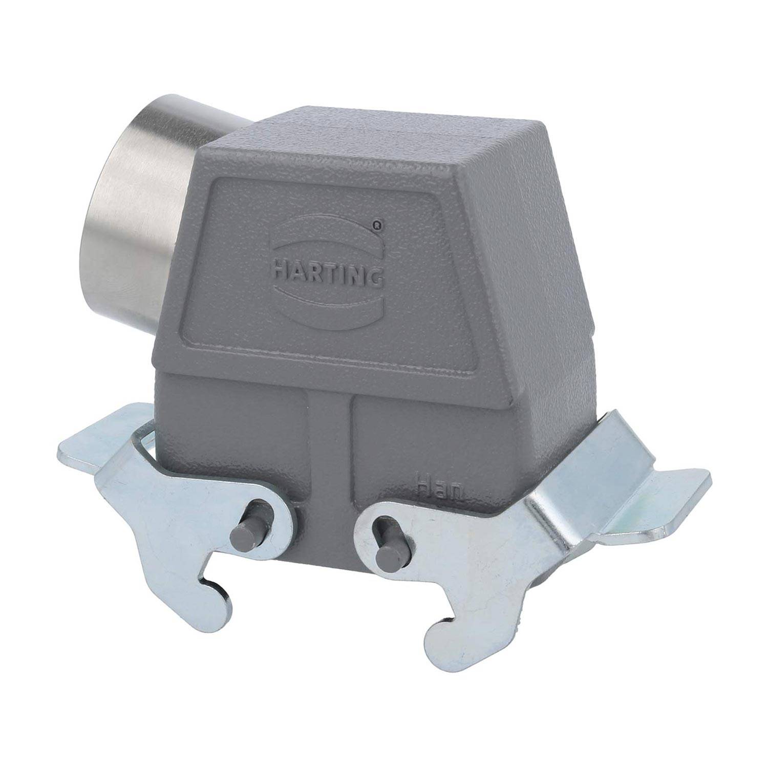 Ein robustes HARTING Industriesteckverbinder-Gehäuse mit zwei Metallverriegelungen und einer stabilen, abgewinkelten Konstruktion, verwendet für elektrische Komponenten.