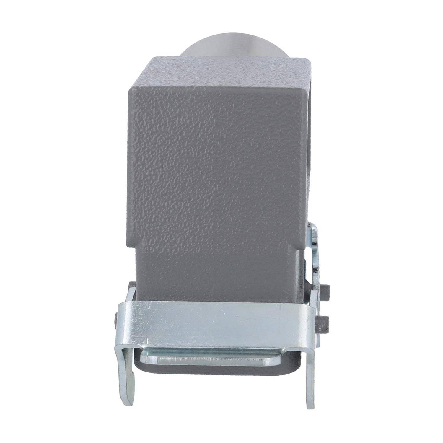 Ein quadratischer grauer Elektroverteilerdosendeckel mit einer Metallklemme, der zum Schutz und zur Verbindung von Leitungsabschnitten in Verdrahtungssystemen verwendet wird.