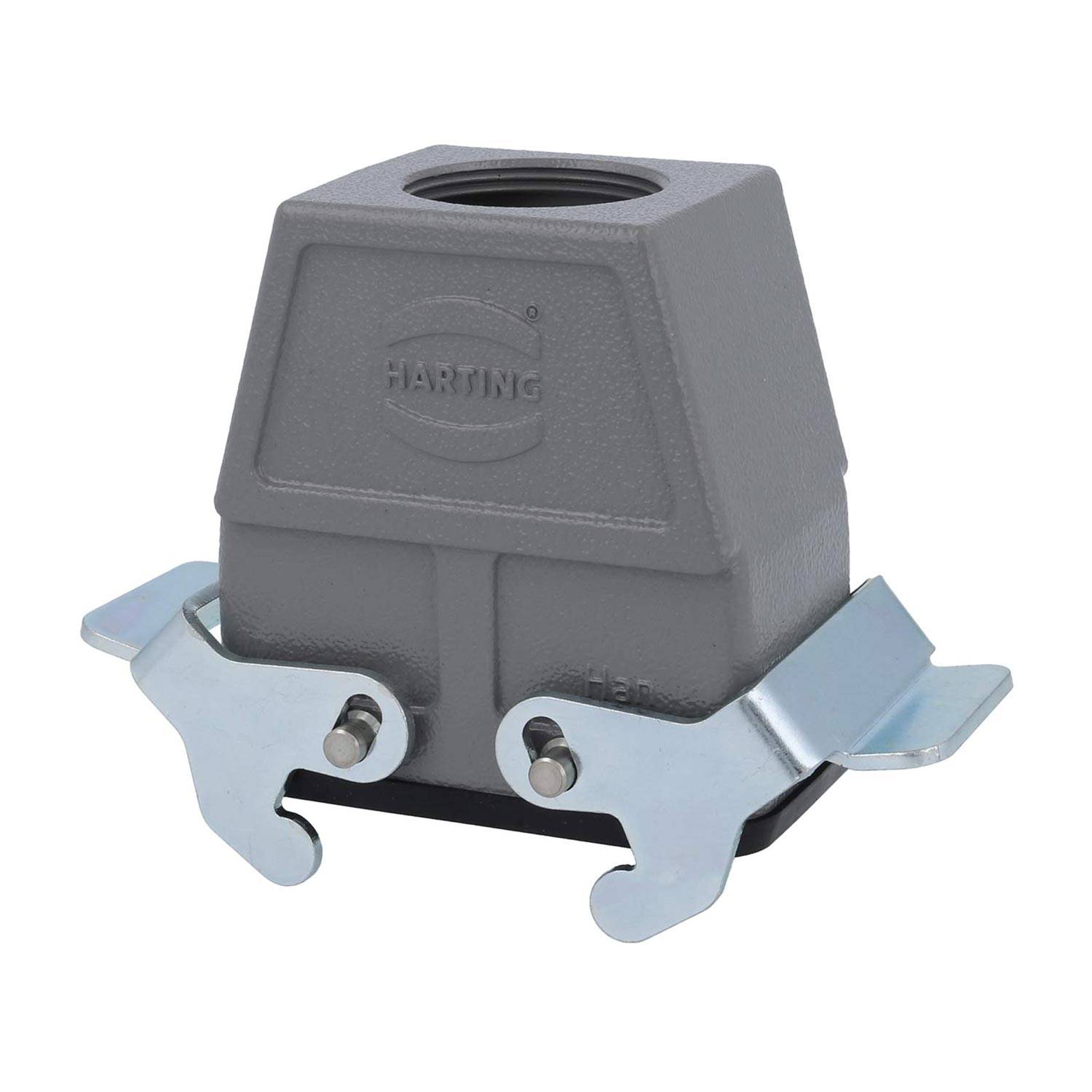 Rechteckiges graues Anschlussgehäuse mit Befestigungsbügeln, geprägt mit dem 'Harting' Logo, verwendet zur Sicherung und zum Schutz elektrischer Verbindungen.