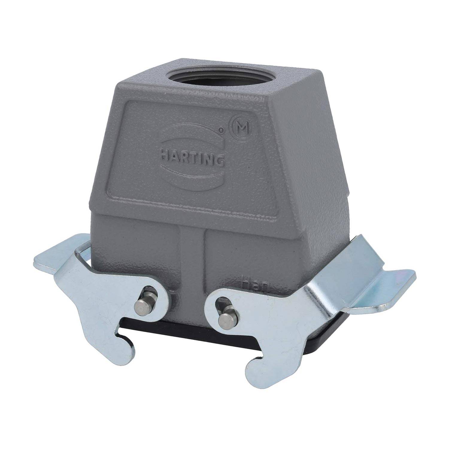 Ein rechteckiges industrielles Anschlussgehäuse mit robuster Oberfläche und zwei metallischen Verriegelungsarmen an den Seiten zum Sichern von Verbindungen.