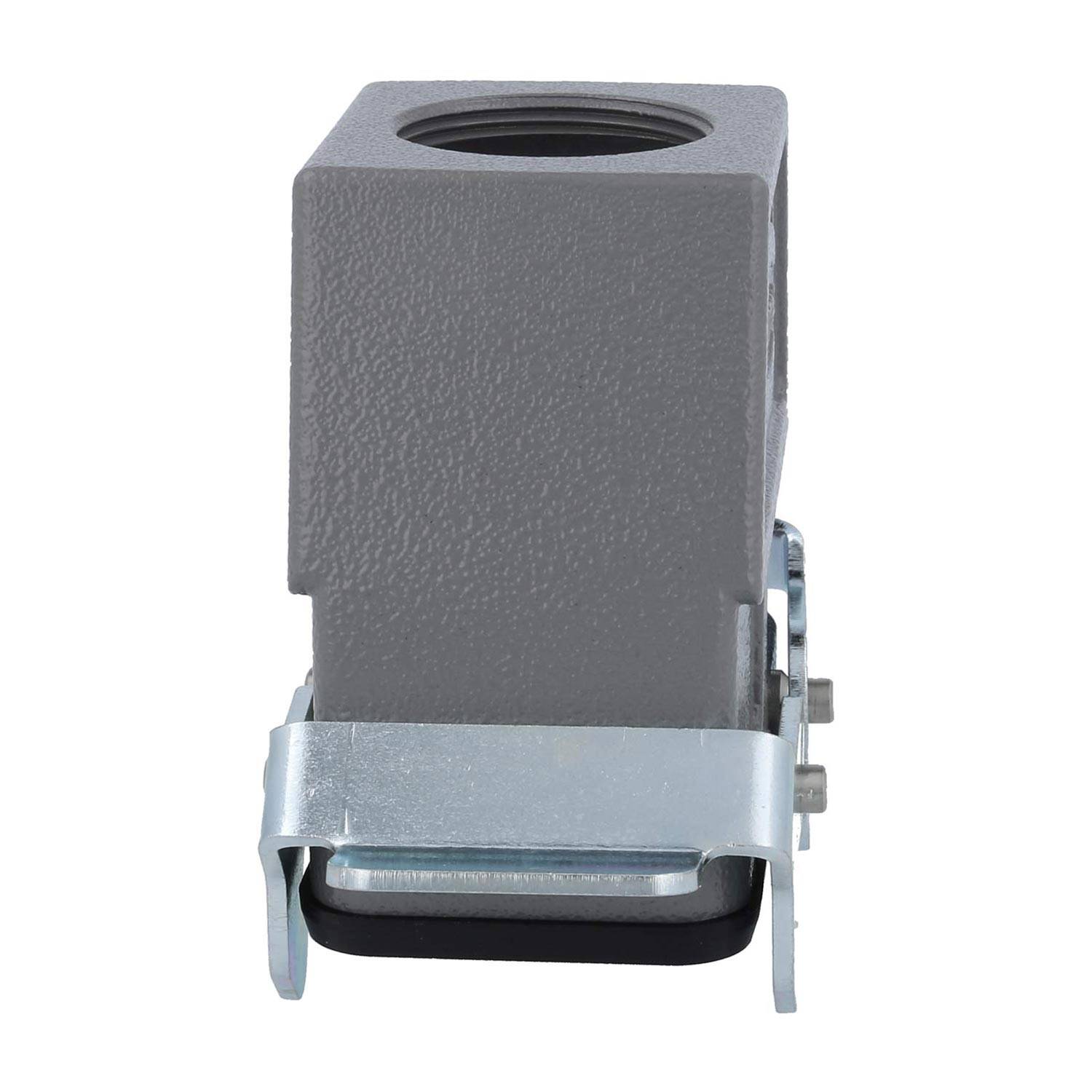 Ein graues Anschlussgehäuse mit quadratischer Form und Metallclip an der Basis, verwendet zur Befestigung von elektrischen oder industriellen Verbindungen.