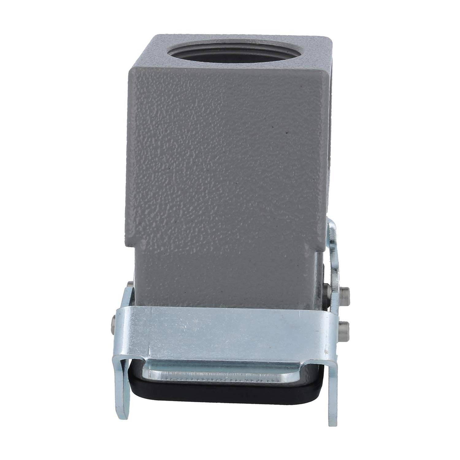 Ein grauer industrieller rechteckiger Metallgehäuse-Verbinder mit einer Metallklemme an der Basis, verwendet für elektrische oder mechanische Verbindungen.