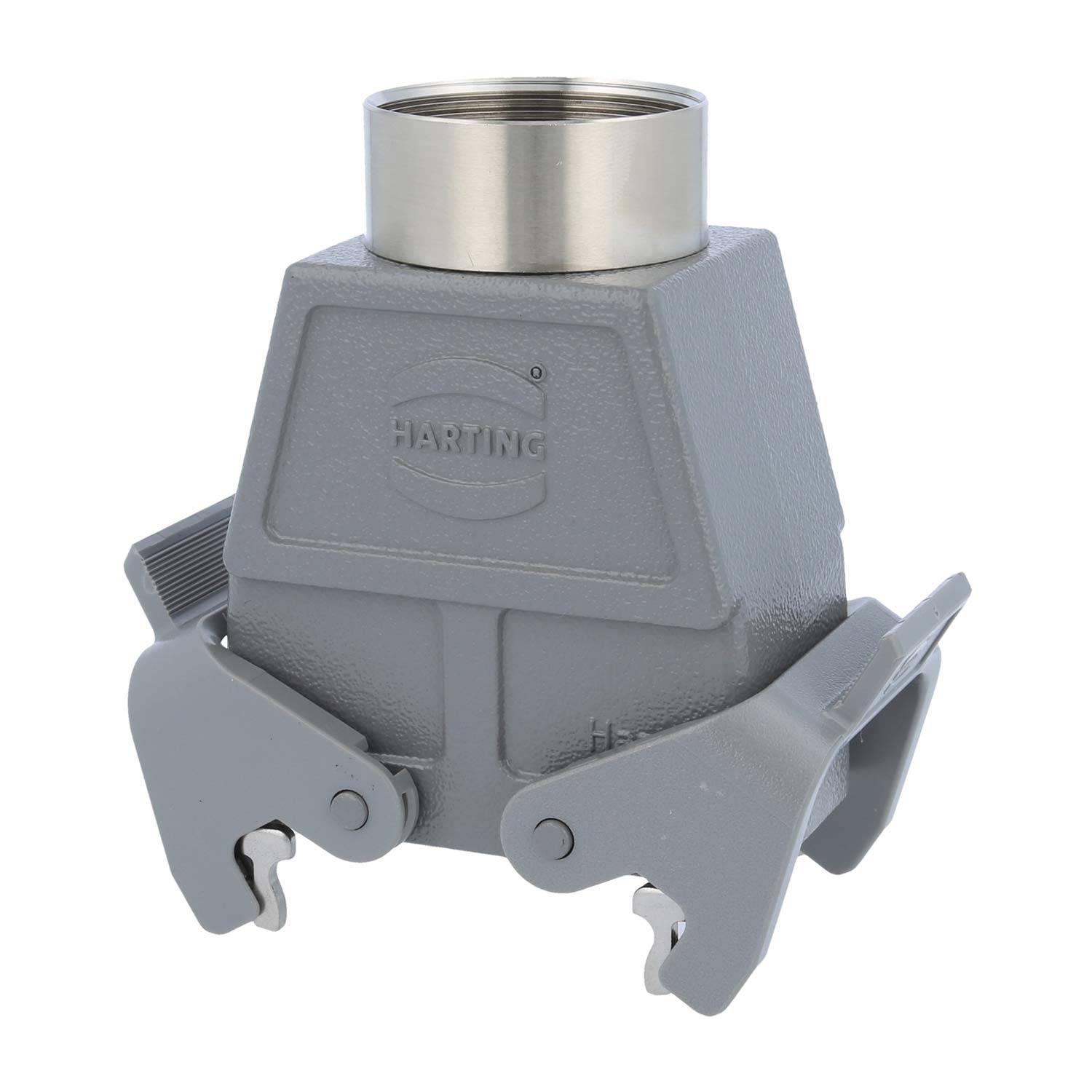 Ein graues industrielles Connectorgehäuse mit Verriegelungen, beschriftet mit 'HARTING'.