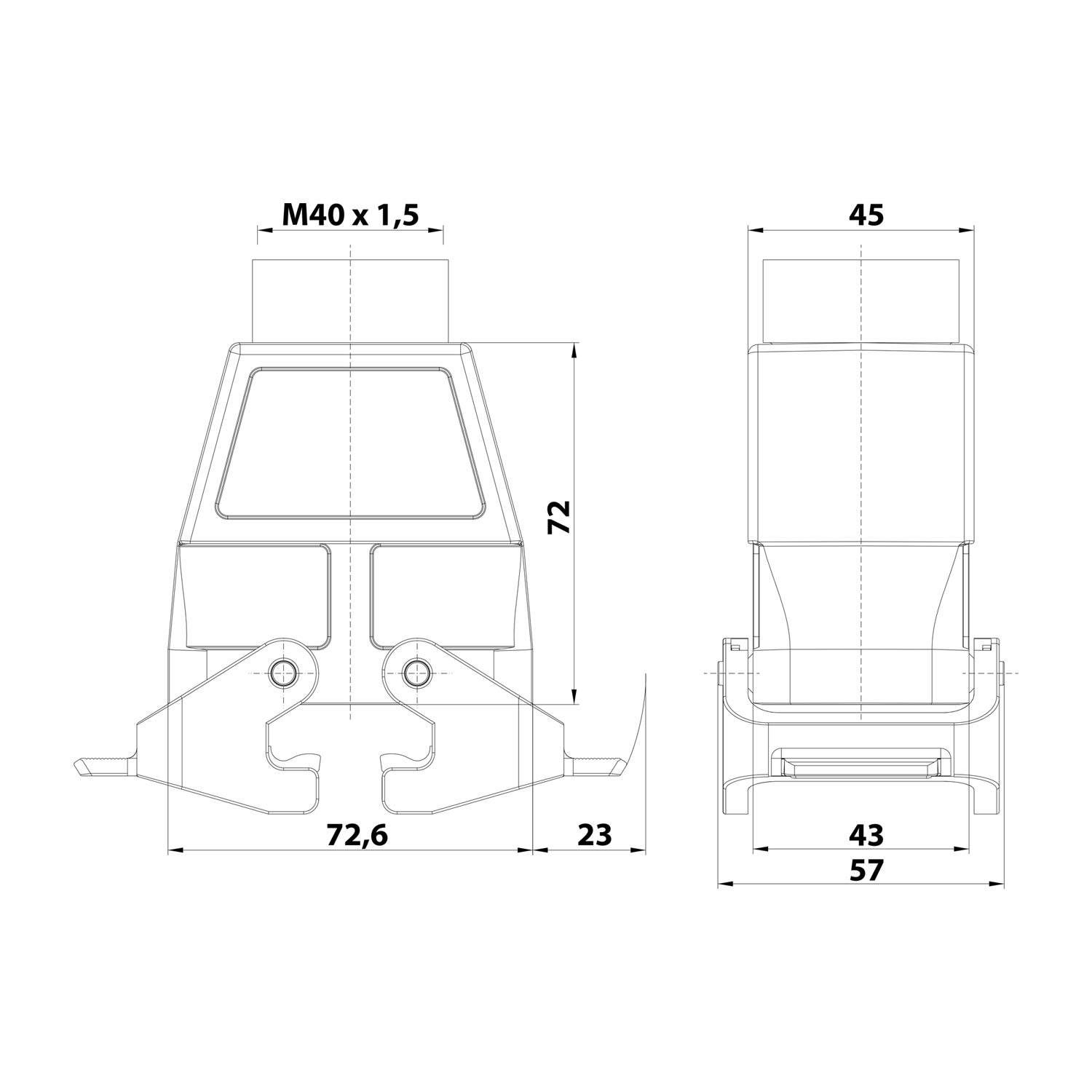 Technische Zeichnung einer Maschinenkomponente mit Maßen: M40 x 1,5; 72,6, 57, 23; Vorder- und Seitenansicht mit Strukturdetails.