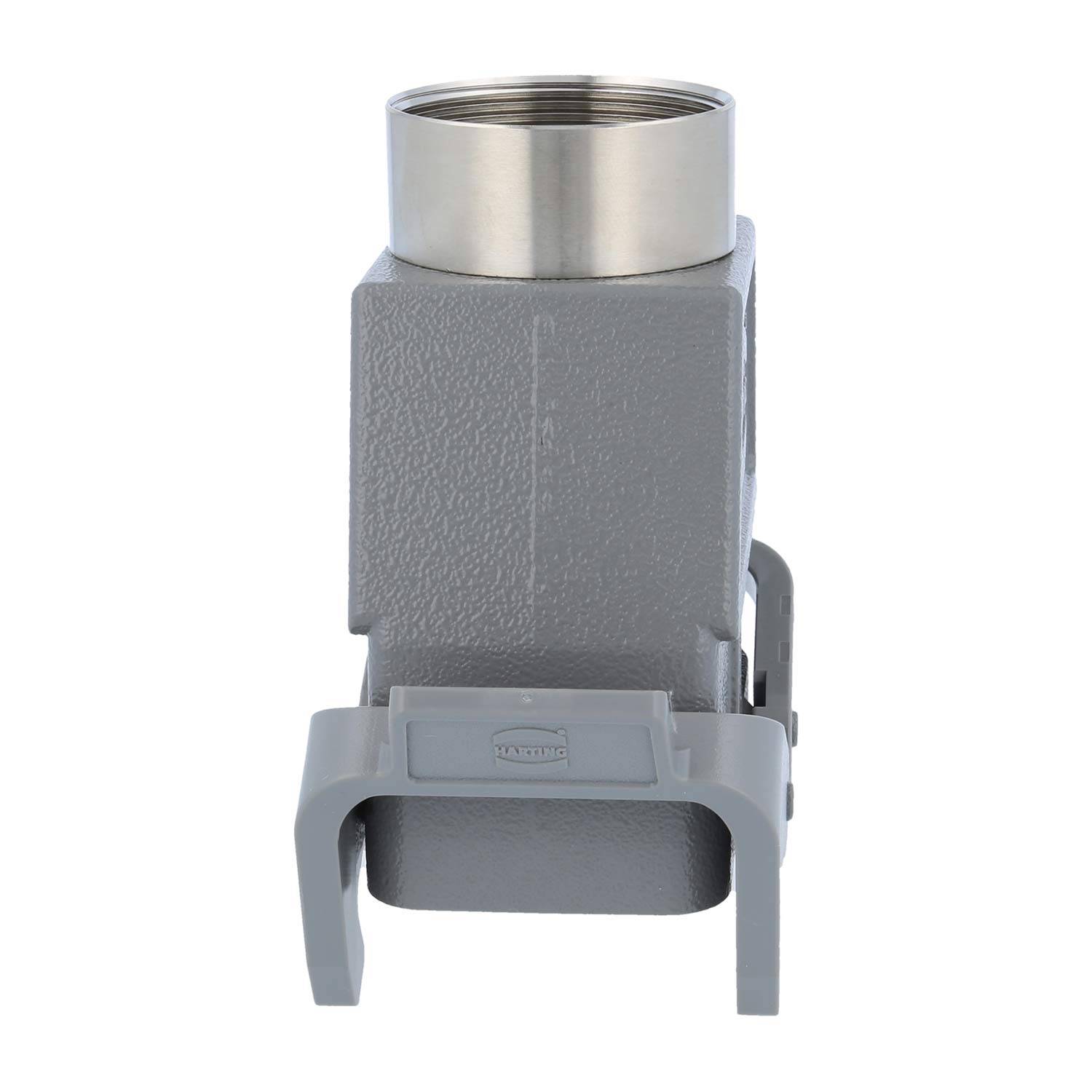 Graues Industrie-Anschlussgehäuse mit metallischen Gewinden, mit der Marke 'Harting' versehen, entwickelt für sichere elektrische Verbindungen.