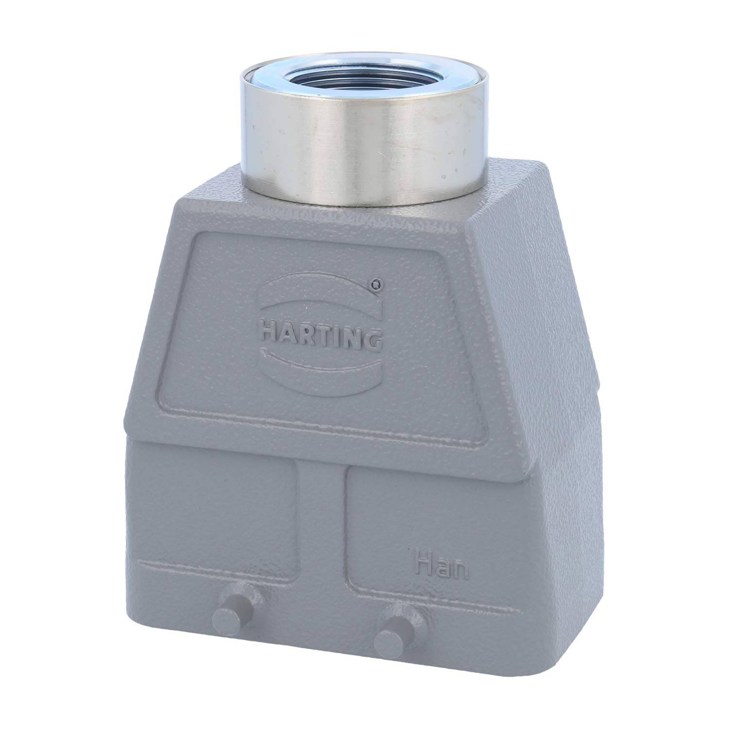 Ein grauer, metallischer Harting-Industrieanschlussgehäuse mit einer verschraubbaren Deckelöffnung und geprägter Markenbeschriftung.