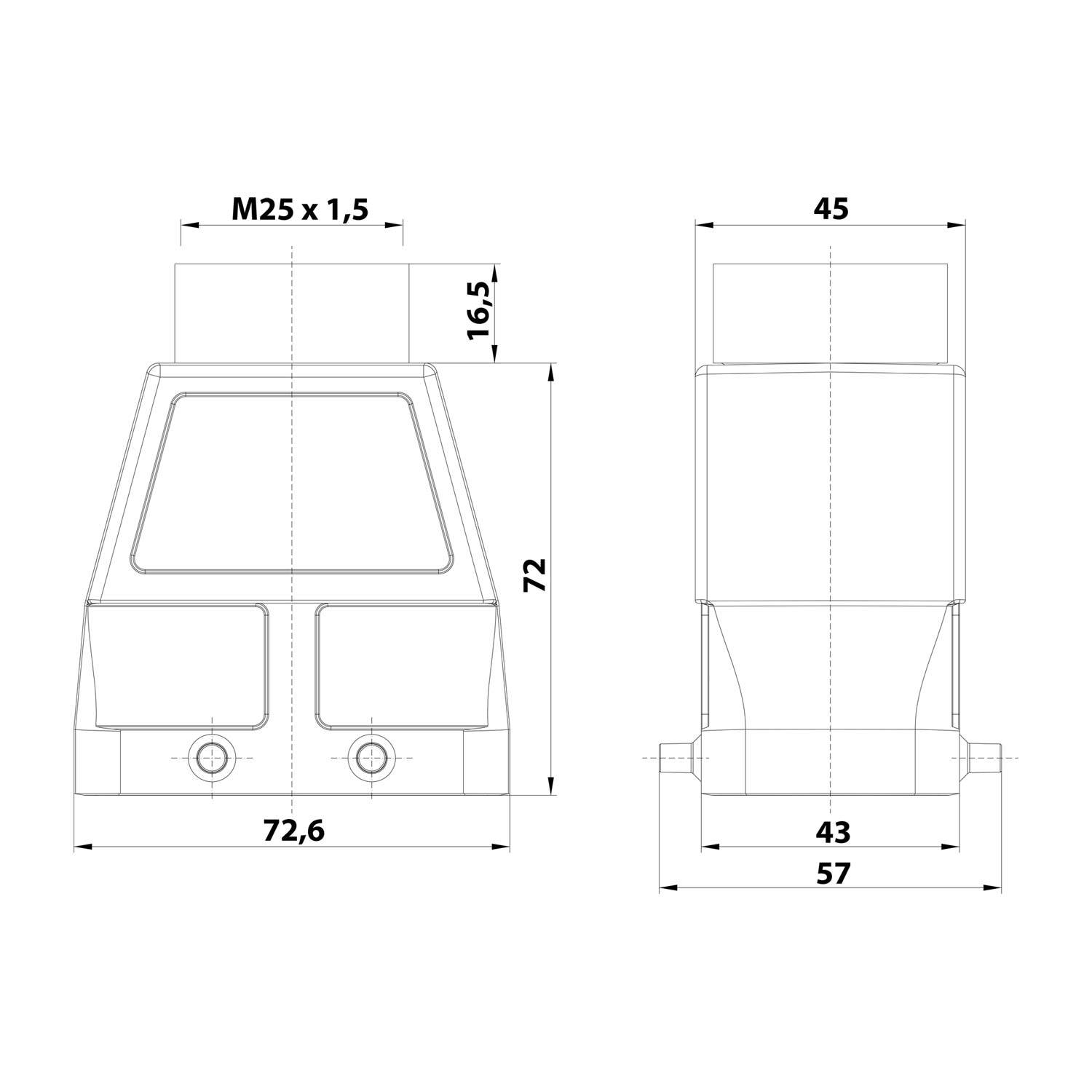 Technische Zeichnung eines Verbindungsstücks mit Maßen: Linke Ansicht zeigt 72,6 mm Breite, rechte Ansicht zeigt 72 mm Höhe. M25x1,5 Bezeichnung enthalten.