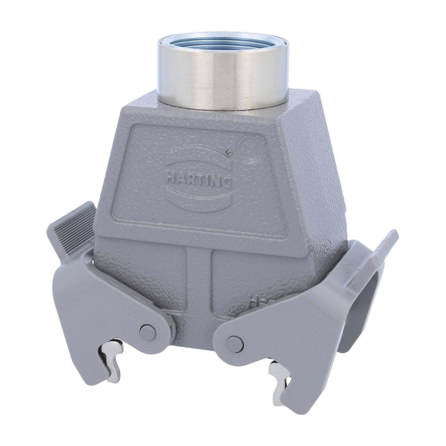 Ein graues industrielles elektrisches Anschlussgehäuse mit dem Aufdruck 'Harting' auf der Vorderseite, versehen mit zwei seitlichen Verriegelungen und einer kreisförmigen Öffnung oben.