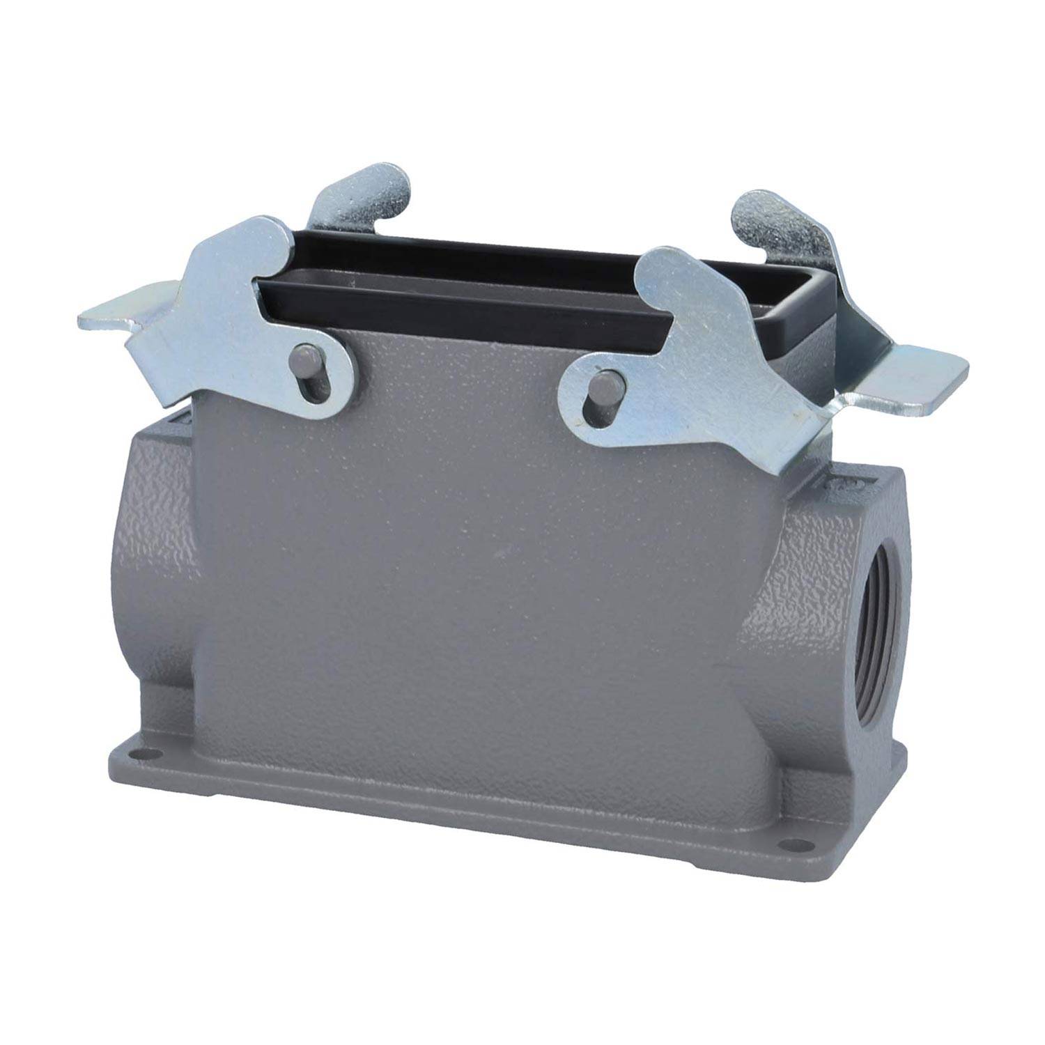 Ein rechteckiges graues industrielles Metallverbindungsgehäuse mit zwei oberen Verriegelungen.