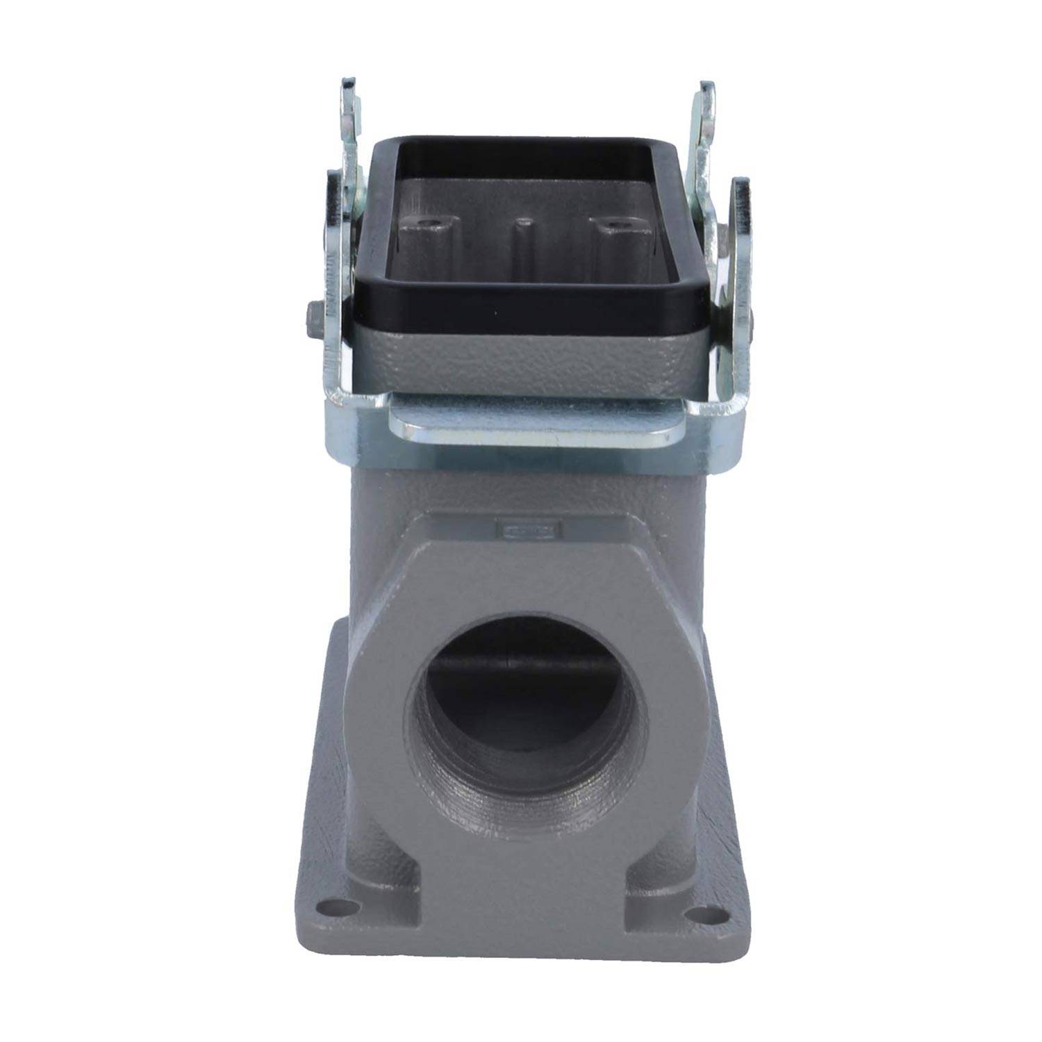 Ein Metallgehäuse für einen rechteckigen Verbinder mit Montagebügeln, das eine Öffnung an der Oberseite für Kabeleinführung und einen kreisförmigen Auslass darunter aufweist.