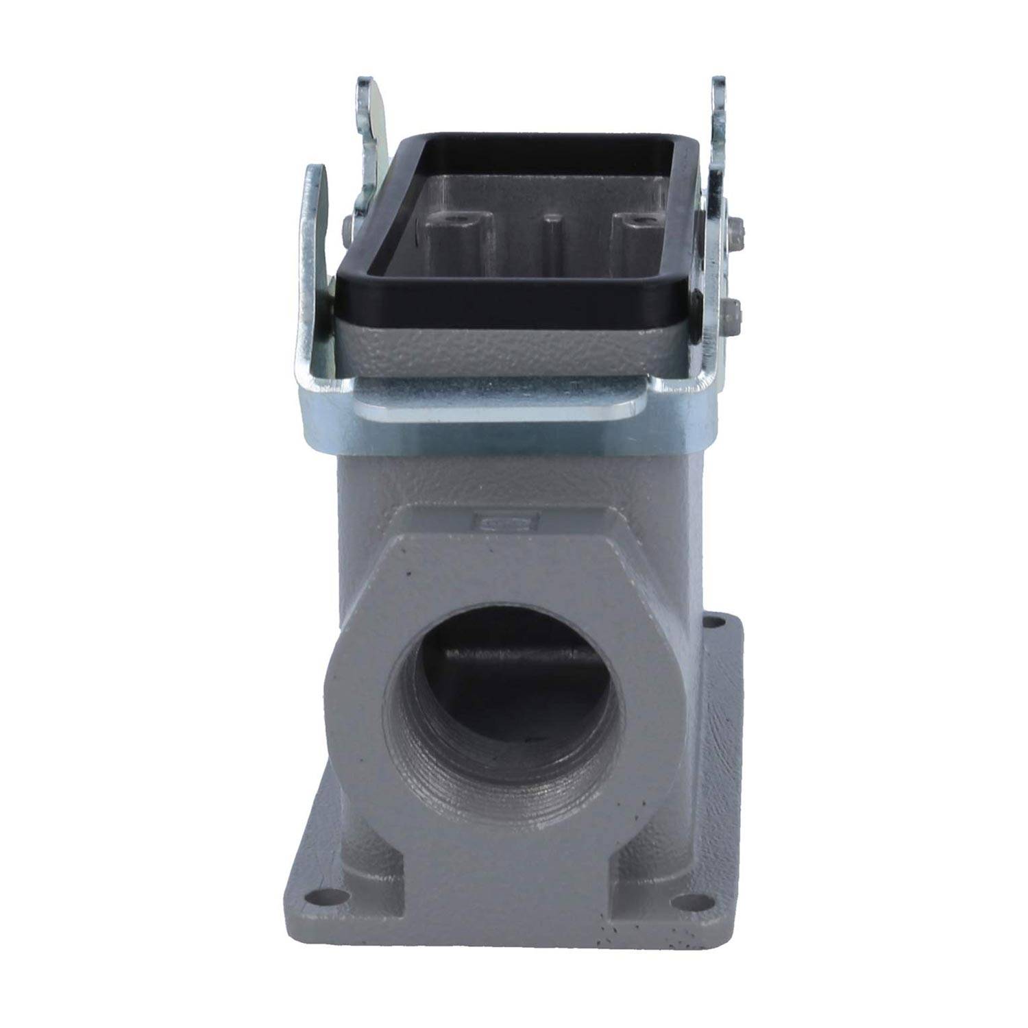 Ein grauer rechteckiger Metallverbinder mit einer zylindrischen Bodenöffnung und einem Verschlussmechanismus auf der Oberseite, der für industrielle Anwendungen konzipiert ist.