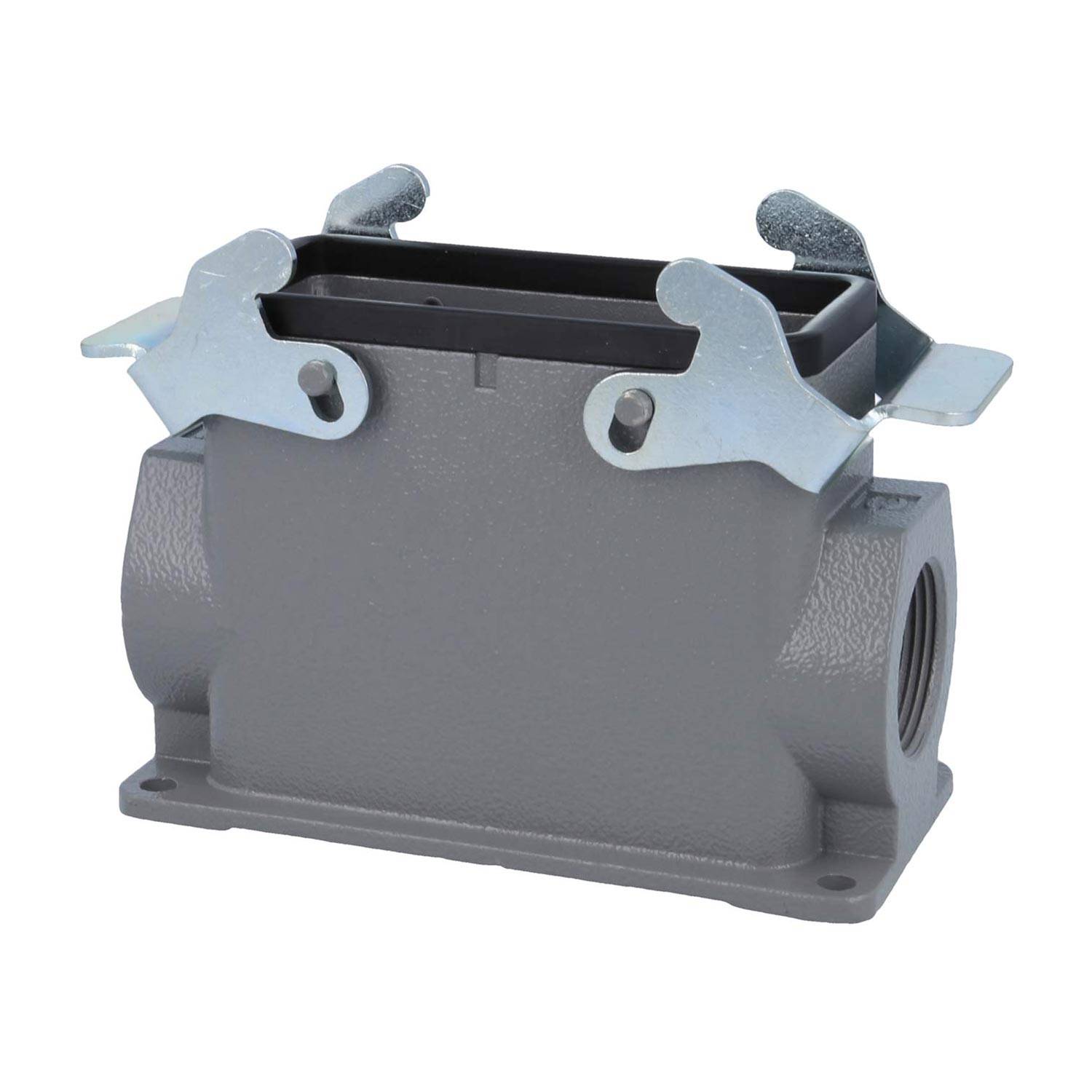 Ein graues industrielles Anschlussgehäuse mit Metallverriegelungen, konzipiert für robuste elektrische Anwendungen.