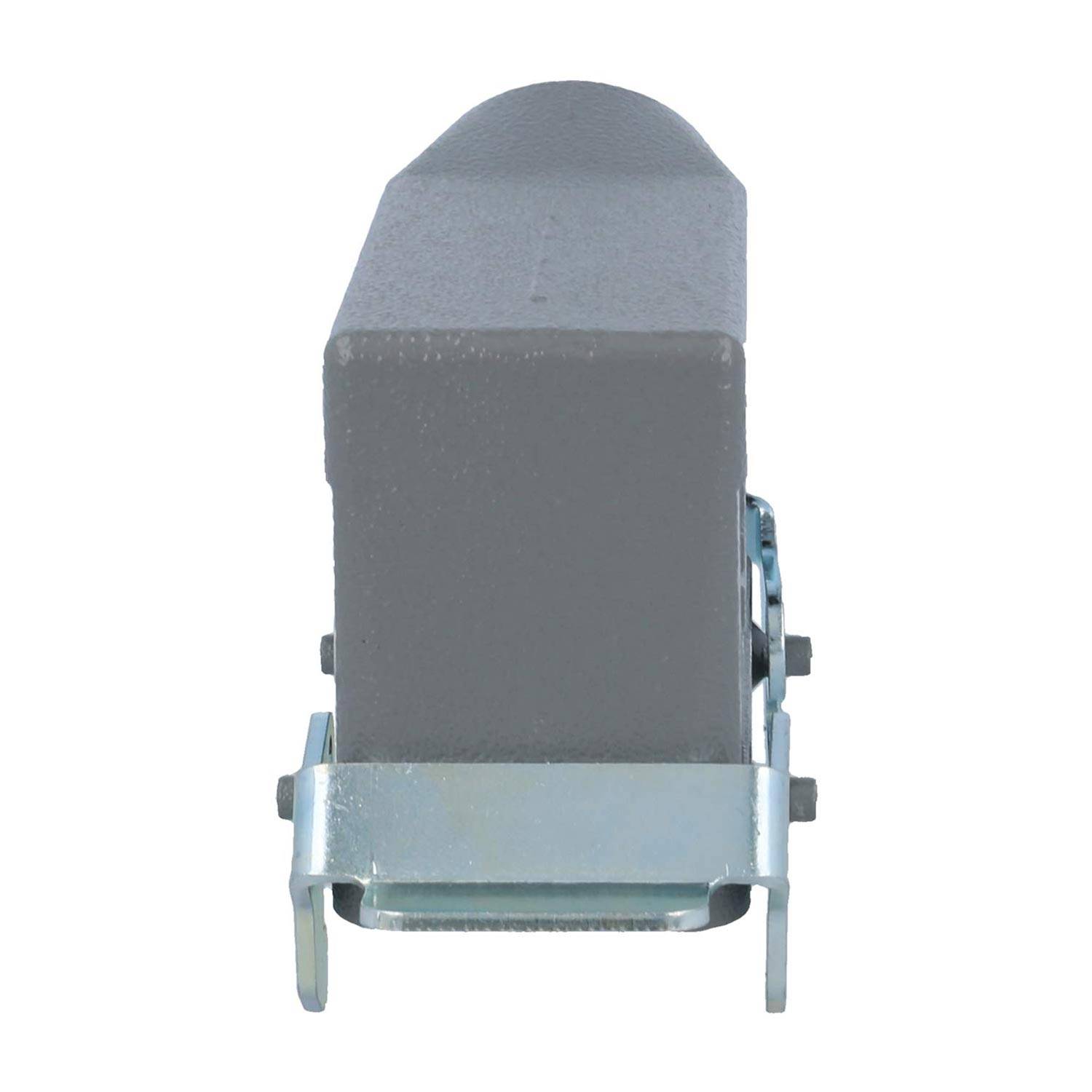 Ein grauer rechteckiger Pfosten mit abgerundeter Spitze, der in einer Metallhalterung befestigt ist, möglicherweise Teil eines Zaun- oder Geländersystems.