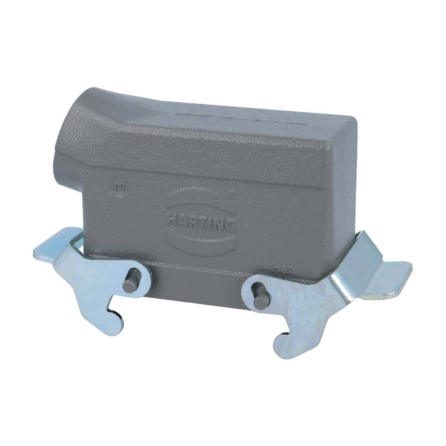 Ein grauer Harting-Kabelsteckverbinder-Schutzdeckel mit Metallbefestigungshalterungen an beiden Seiten.