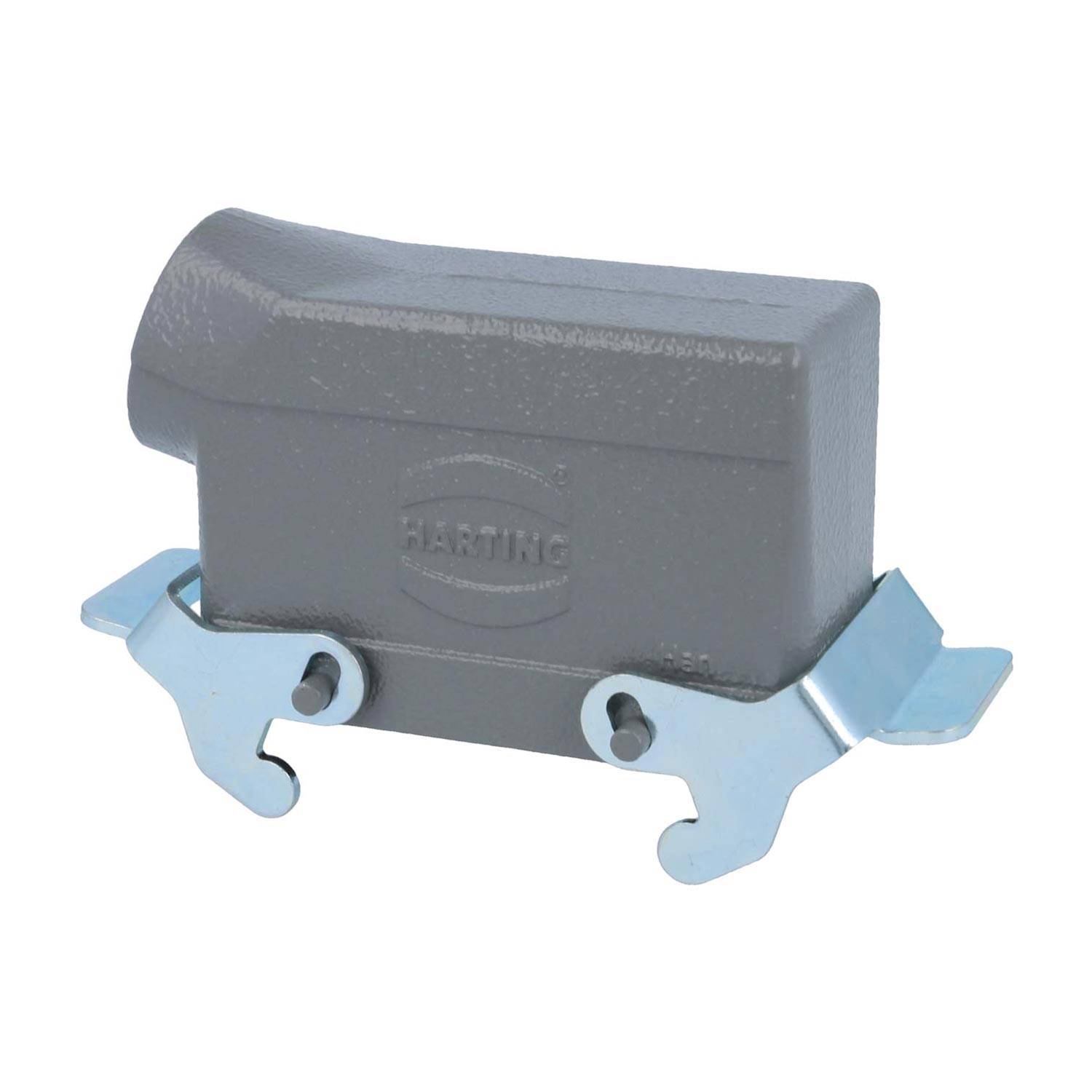 Anschlussgehäuse mit matter grauer Oberfläche und Metallclips. Auf der Seite mit der Markenbezeichnung 'HARTING' versehen. Geeignet für industrielle Anwendungen.