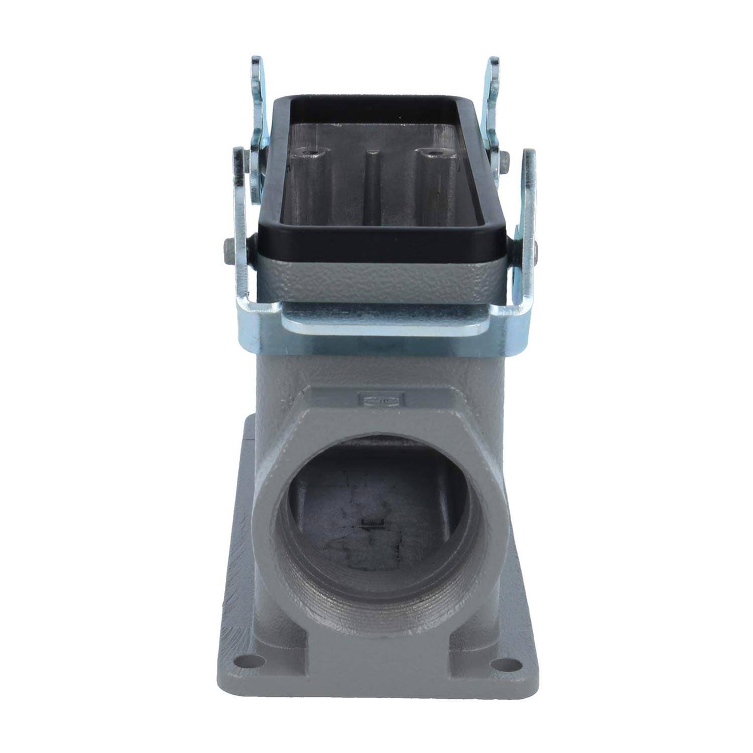 Eine rechteckige Montagebuchse mit Metallverriegelungen und einer kreisförmigen Öffnung, die zur Befestigung elektrischer oder mechanischer Verbindungen verwendet wird.