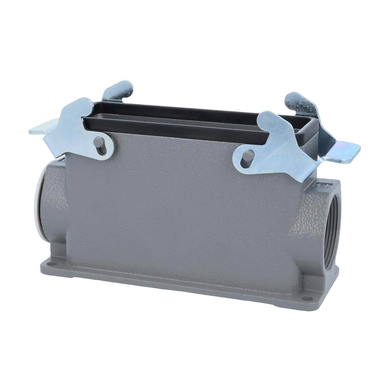 Ein graues Elektroverbindergehäuse mit Metallverriegelungen, für industrielle Anwendungen entwickelt.