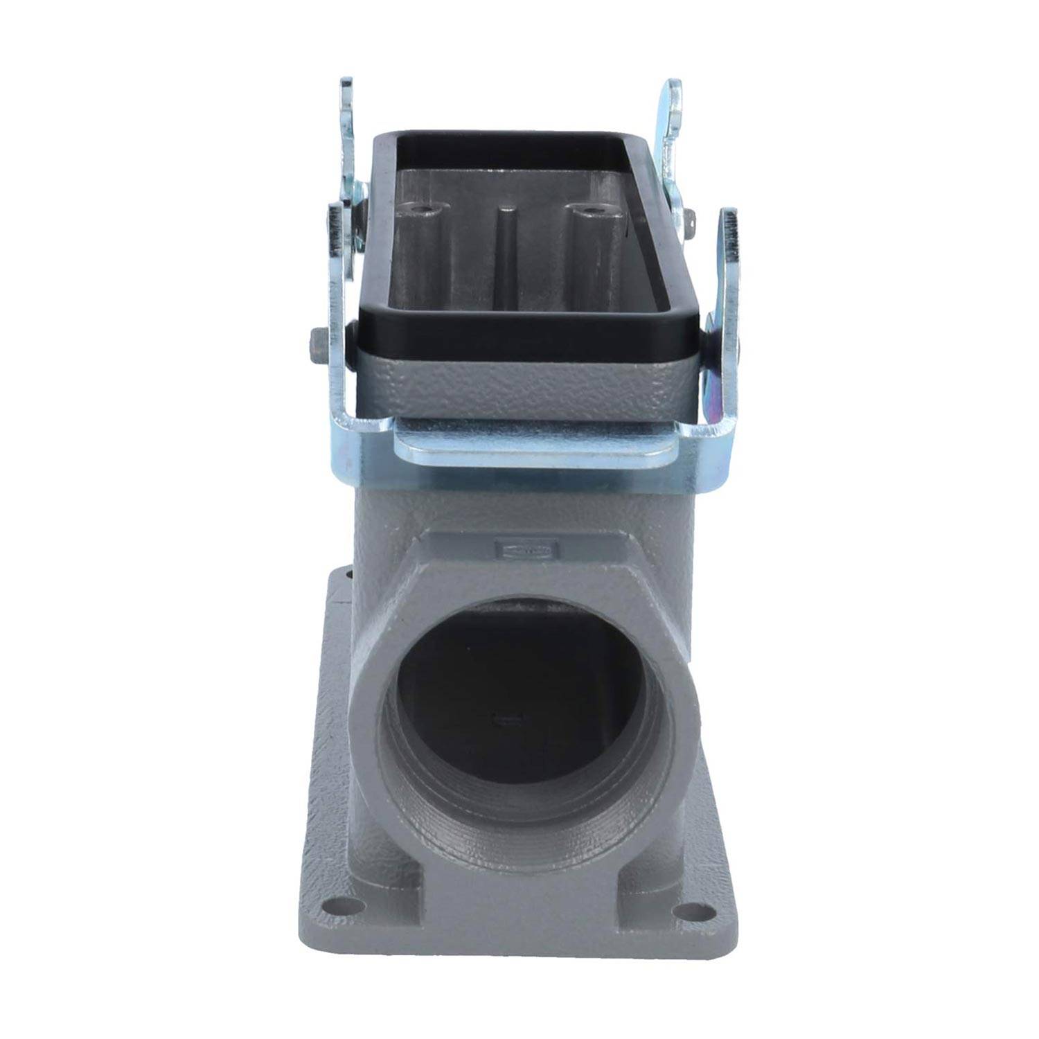 Eine quadratförmige Industriekomponente, von vorne betrachtet, mit einer rechteckigen Öffnung oben und einem kreisrunden Anschluss unten.