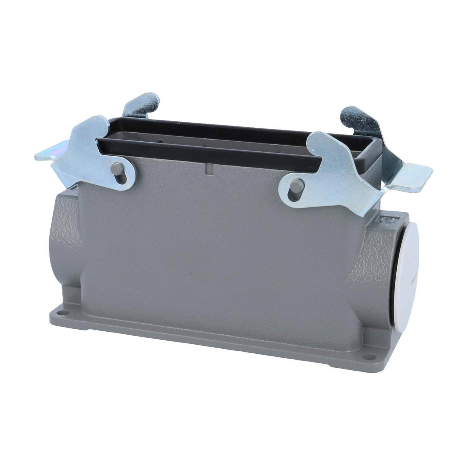 Ein grauer rechteckiger industrieller Anschlussgehäuse mit Metallverriegelungen an jeder Seite, konzipiert für elektrische Anwendungen.