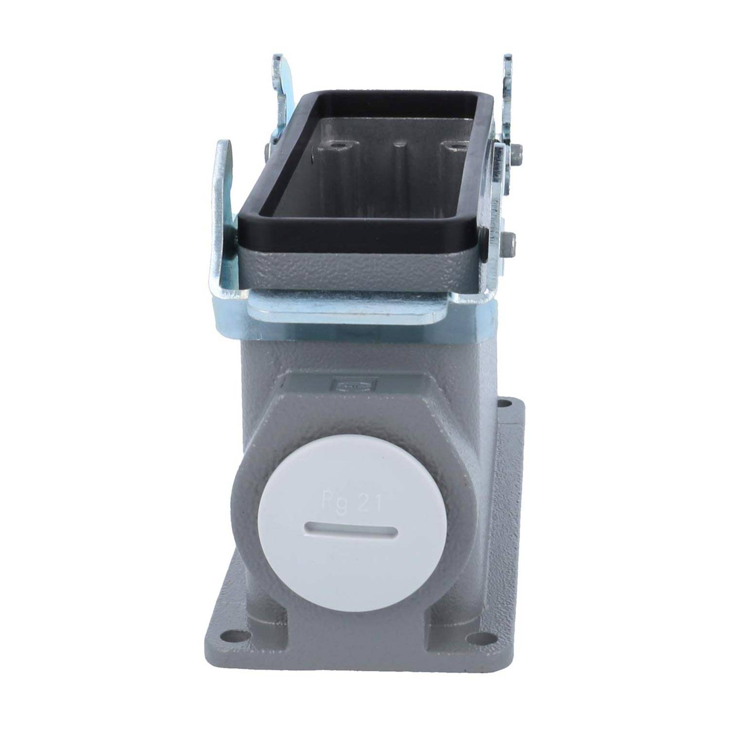 Eine Metallschalterdose mit einer rechteckigen Öffnung oben und einem kreisförmigen Wahlschalter an der Frontseite. Geeignet für Außen- oder industrielle Anwendungen.