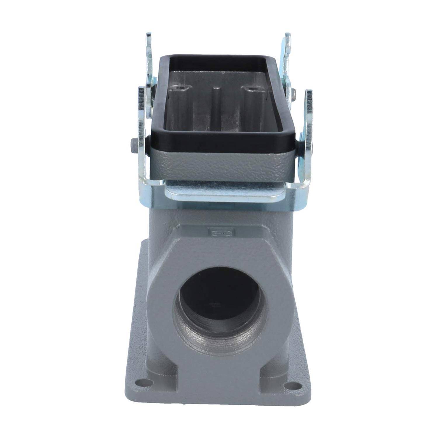 Ein industrielles Metallverbindungsgehäuse mit einer rechteckigen Oberöffnung und einer kreisförmigen Untersockel, konzipiert für Anwendungen unter Extrembedingungen.