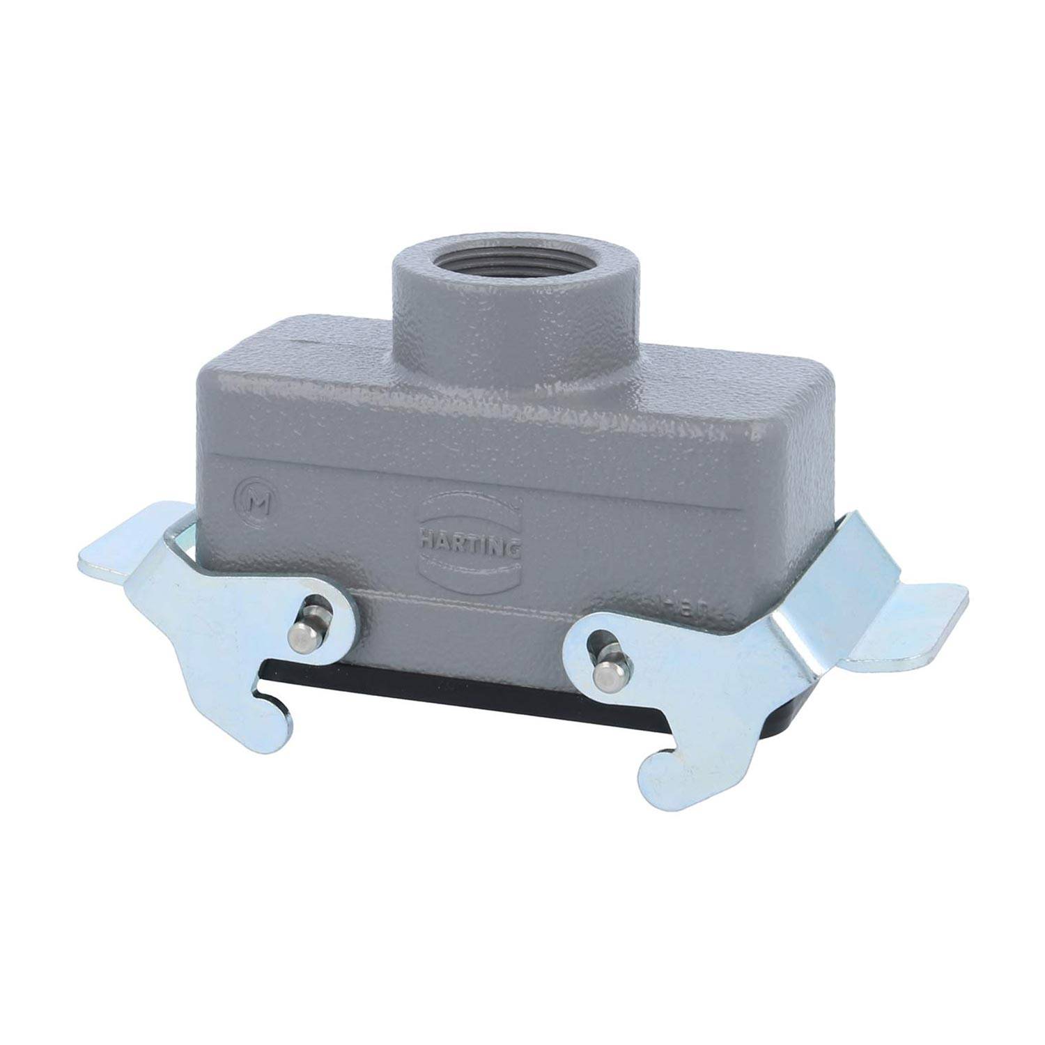 Eine rechteckige, grau metallische Gehäusekomponente mit zwei angewinkelte Metallhalterungen, die an beiden Seiten befestigt sind.