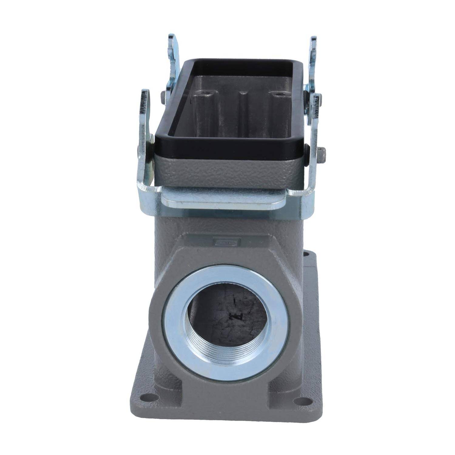 Ein rechteckiges industrielles Steckergehäuse mit einer kreisförmigen Gewindeöffnung am Ende, montiert auf einer Grundplatte, von vorne betrachtet.