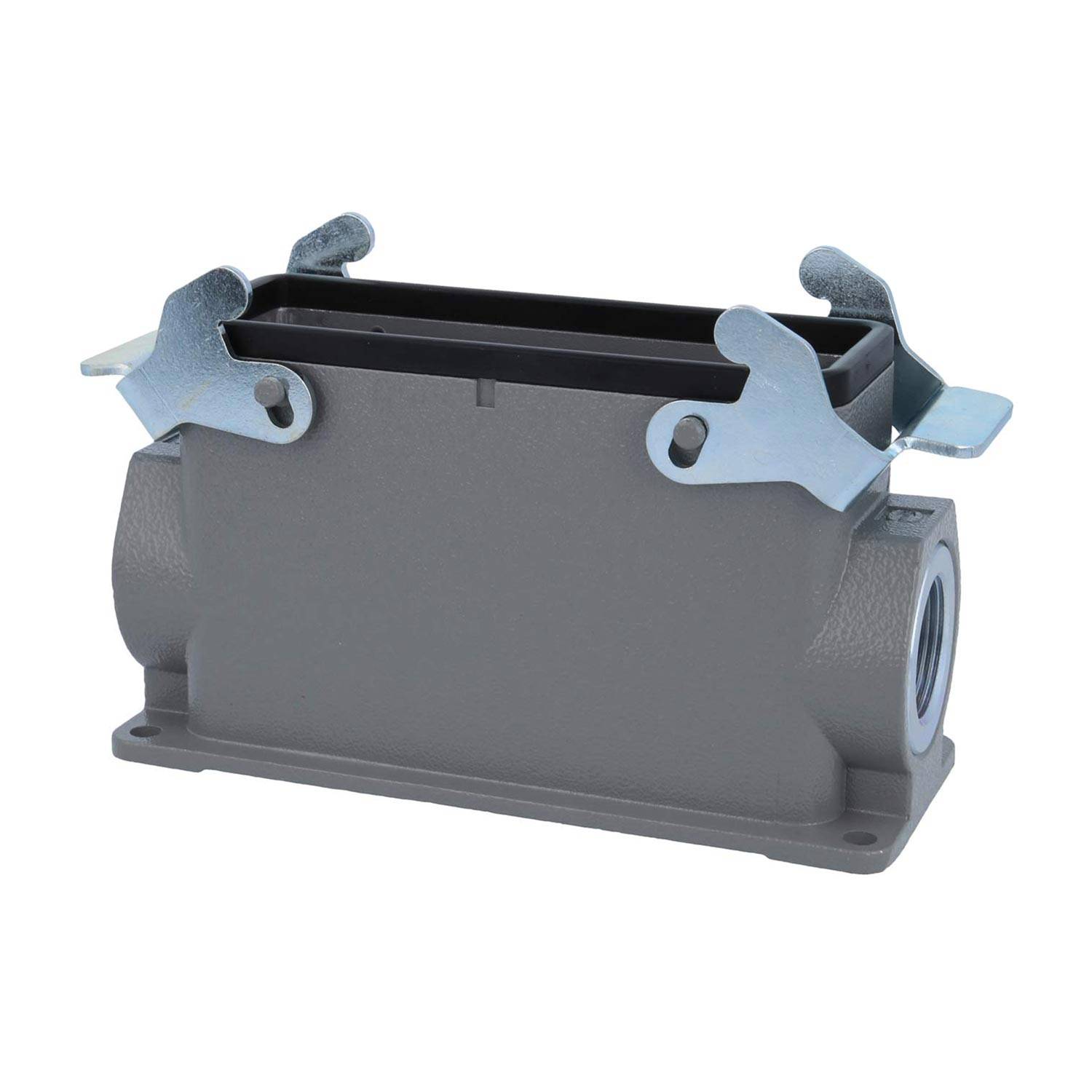 Ein graues rechteckiges elektrisches Anschlussgehäuse mit Metallverriegelungsklammern.