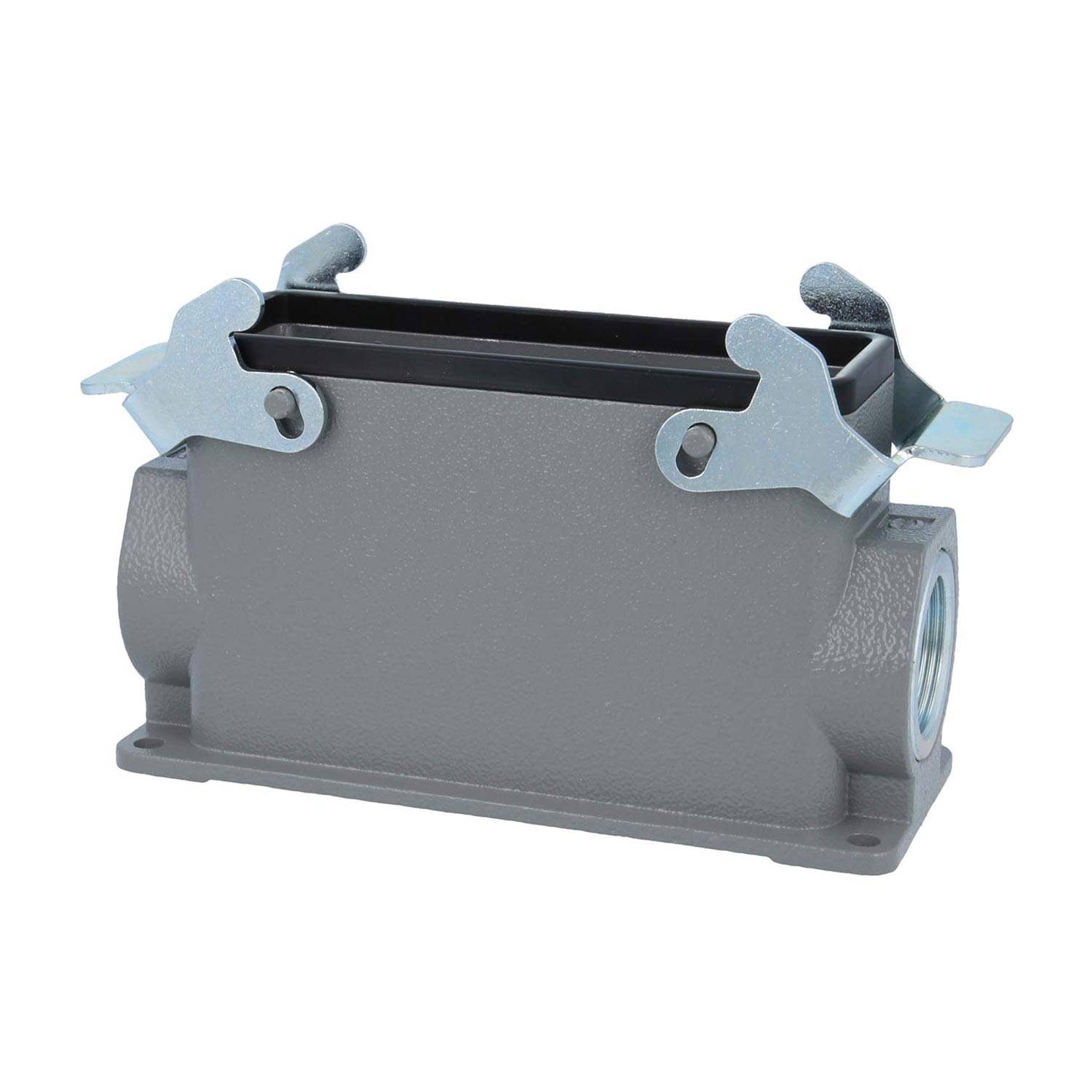 Elektrisches Metallgehäuse für Verbinder mit Verriegelungsmechanismus, das eine rechteckige Form und gewindete Seitenöffnungen für sichere Verbindungen aufweist.