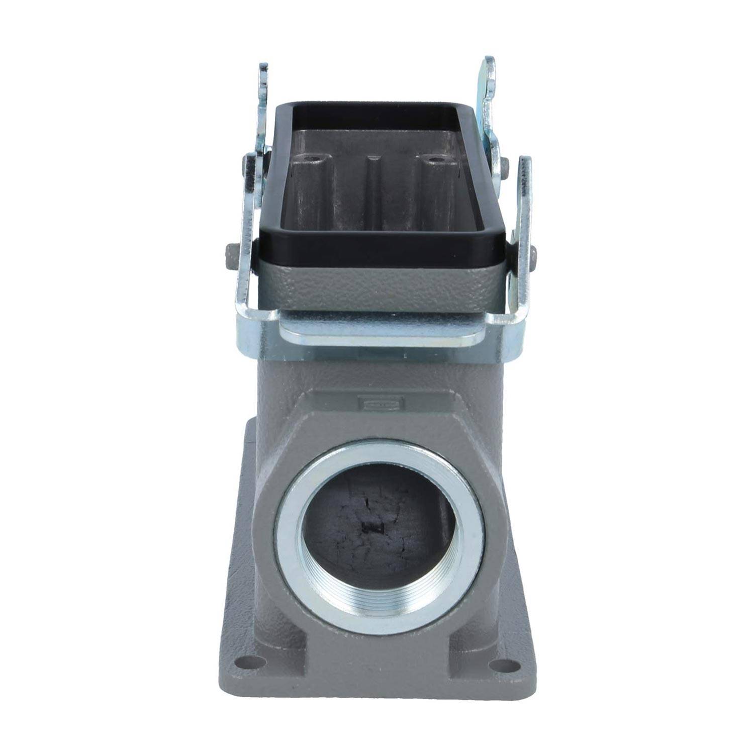 Ein rechteckiges industrielles Anschlussgehäuse mit Montagebügeln und einer kreisförmigen Öffnung in der Mitte, konzipiert für elektrische Verbindungen.