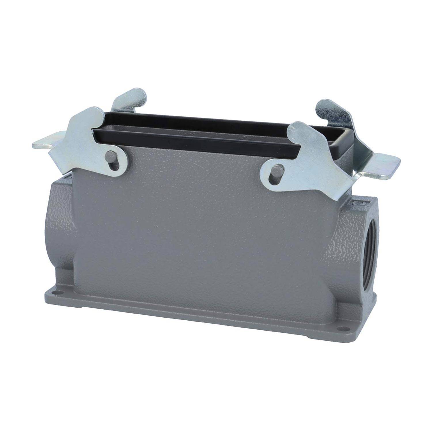 Rechteckiger Metall-Elektroanschluss mit Bolzenflansche und zwei seitlichen Verriegelungen, entwickelt für sichere Kabelverbindung und Signalübertragung.