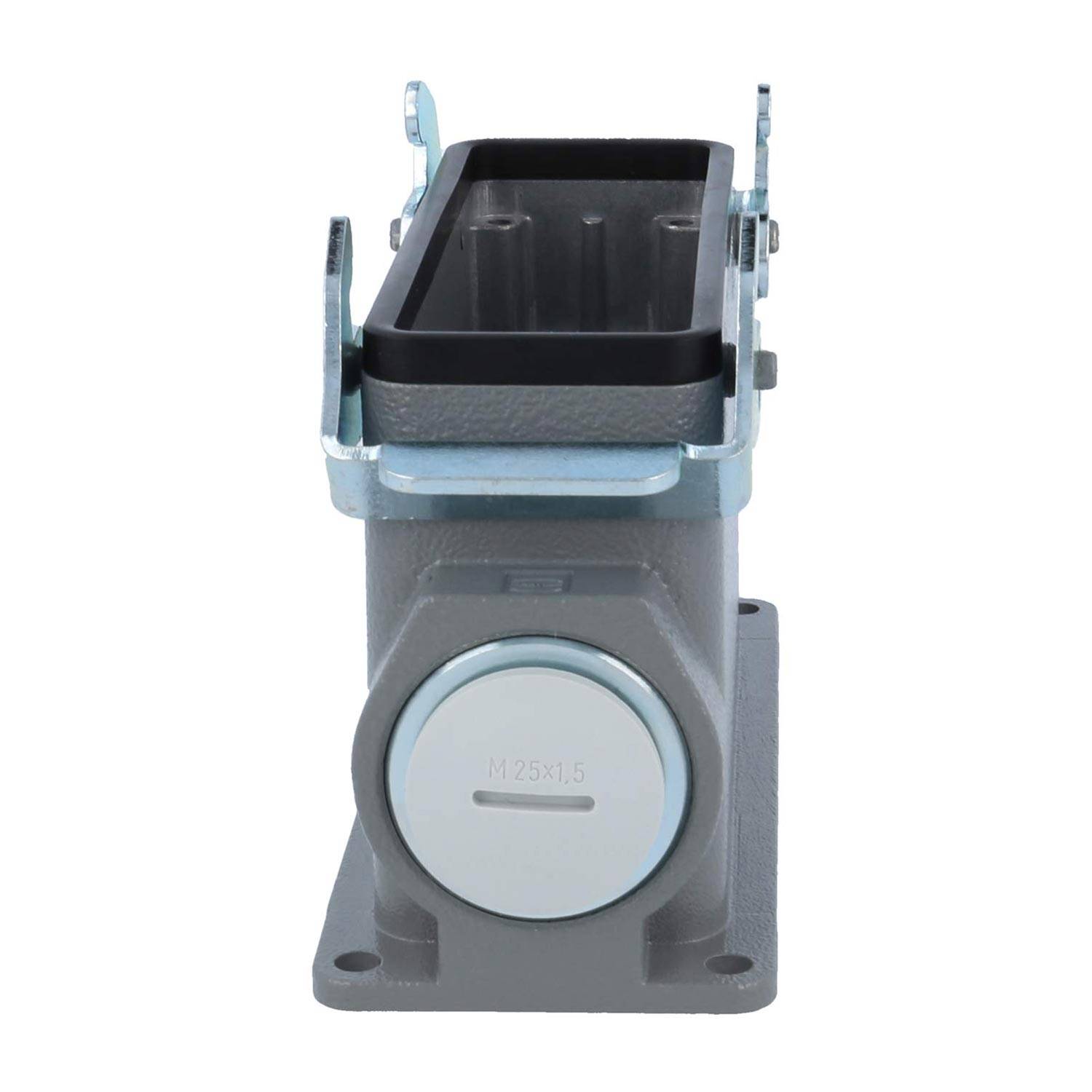 Ein grauer Metallschaltschrank mit einer rechteckigen Öffnung und einem runden Deckel mit der Beschriftung 