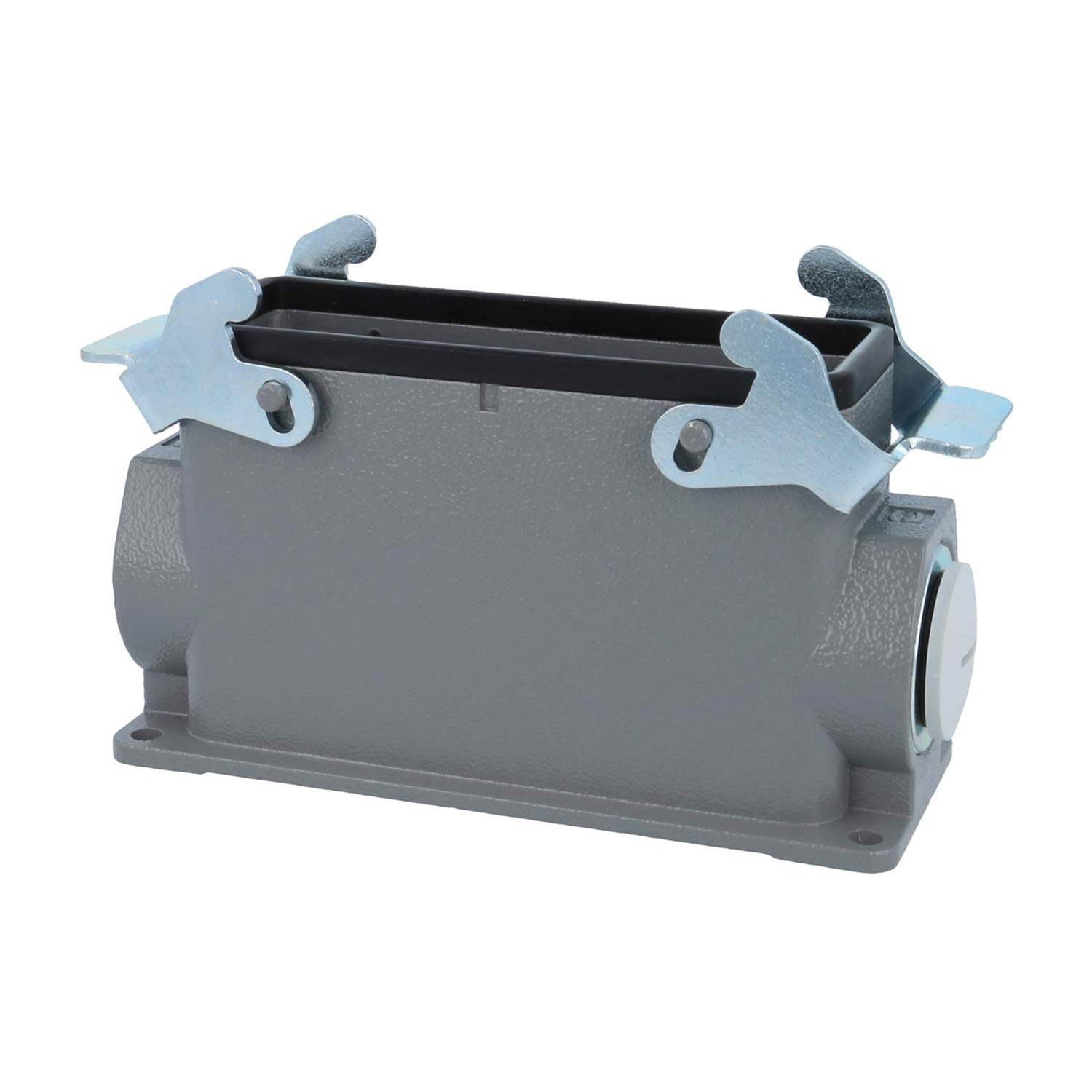 Graues rechteckiges elektrisches Steckverbindergehäuse mit Metallverriegelungsclips an den Seiten.