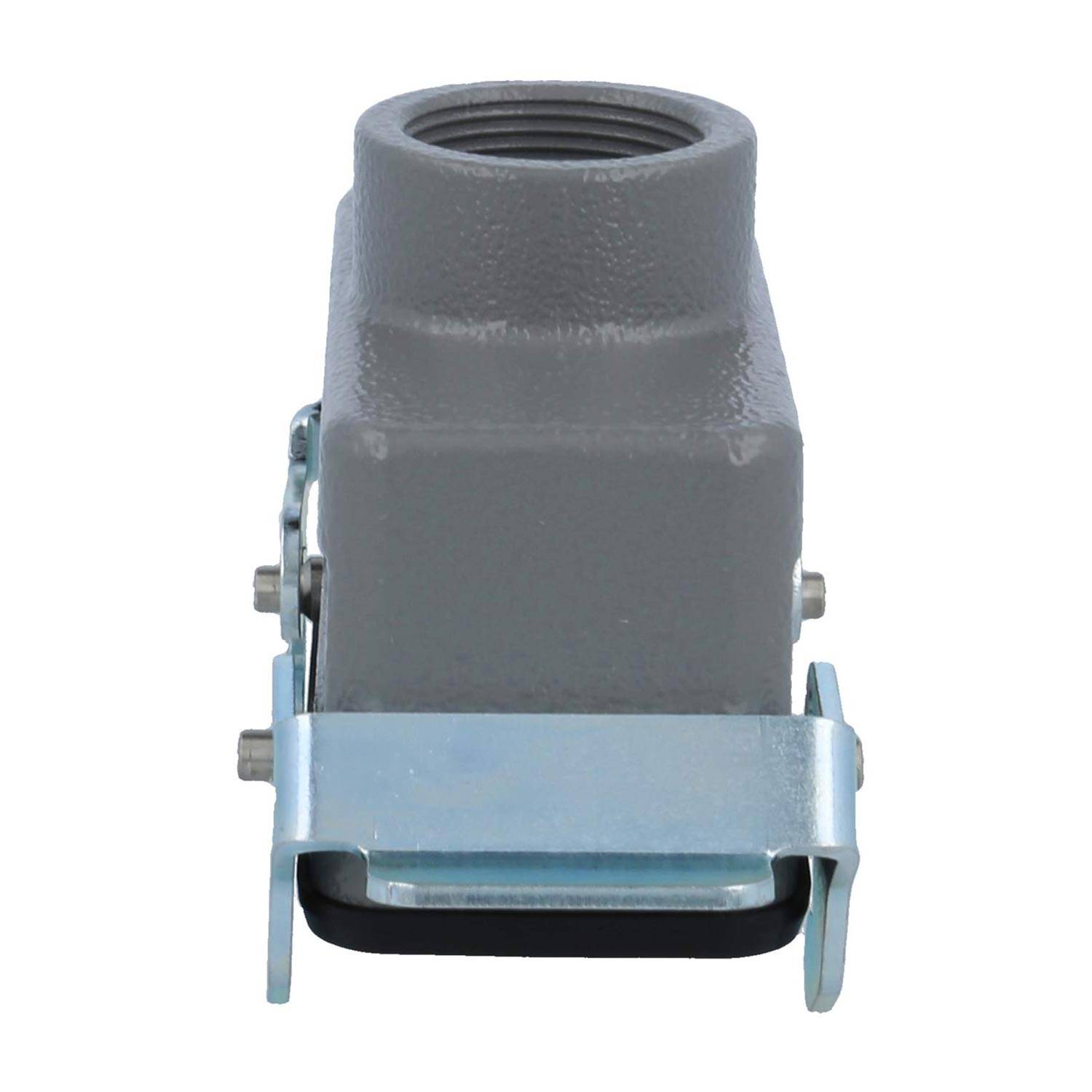 Ein grau-industrielles Verbindungsgehäuse mit Metalllager und Gewindeschrauben, entwickelt für sichere Befestigung in elektrischen Systemen.