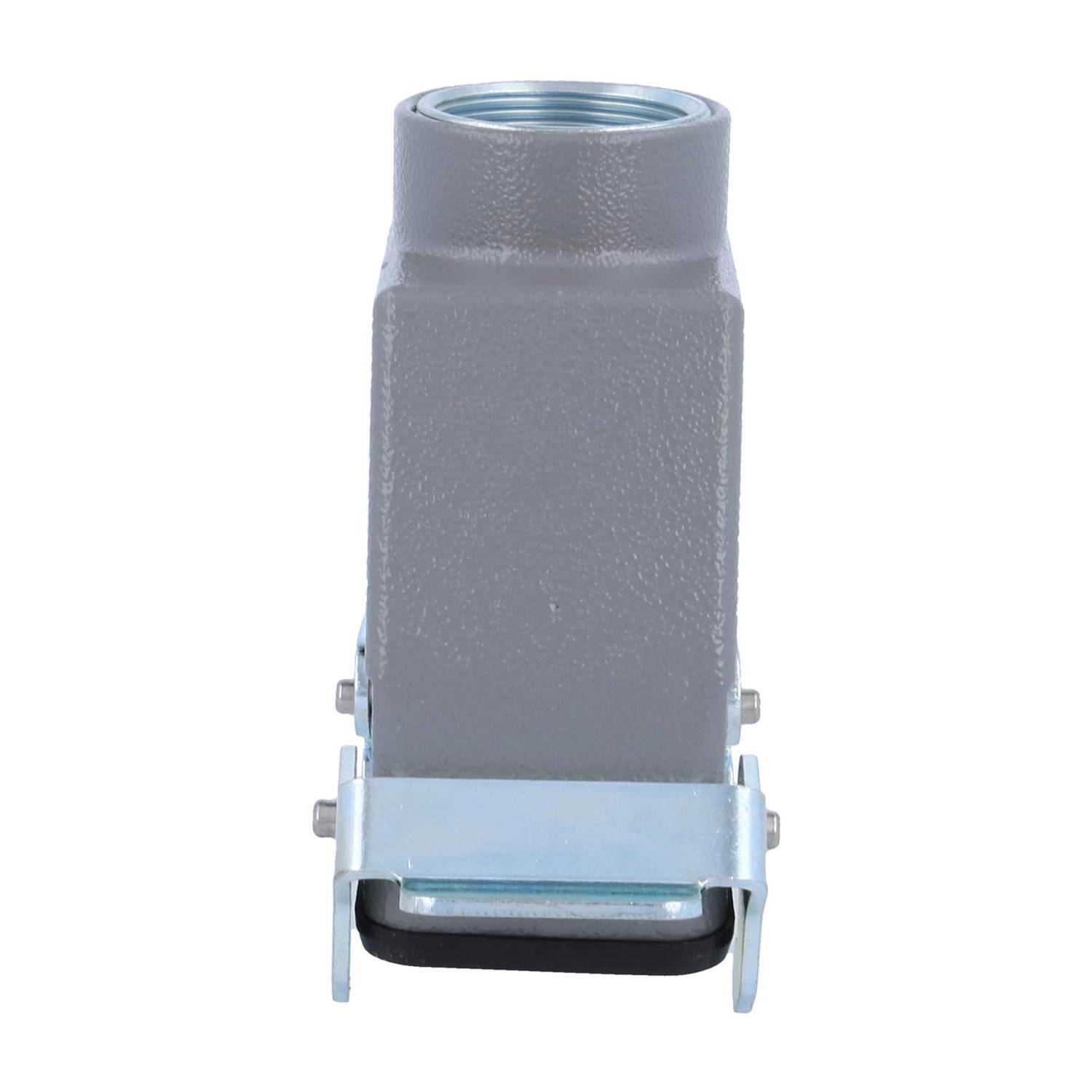 Ein grauer Metallverbinder für industrielle Anwendungen mit quadratischer Form und geschraubter Oberseite, der unten eine Montageklammer aufweist.