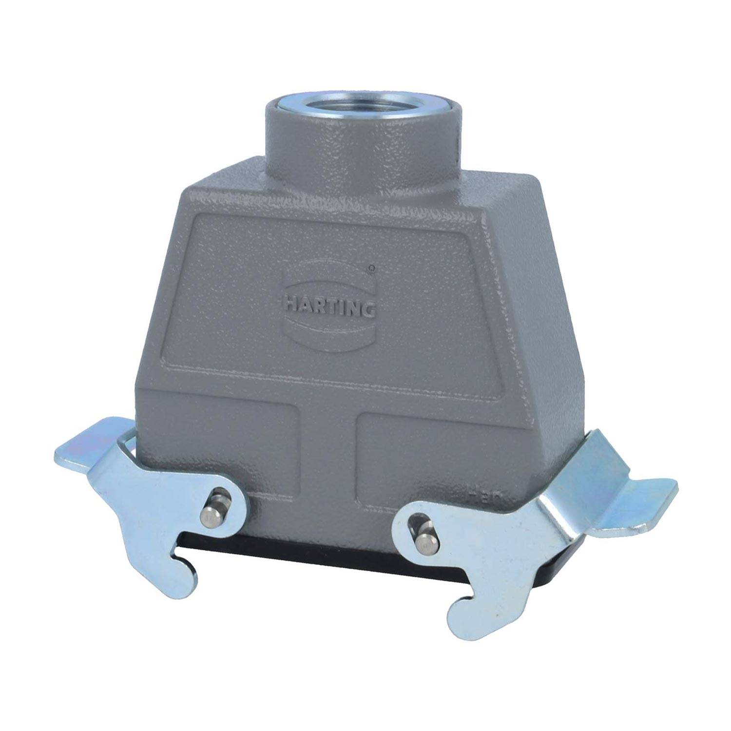 Ein grauer industrieller Verbindungsgehäuse mit zwei Metallverriegelungen an den Seiten zum Sichern von Verbindungen, mit der Markenbezeichnung 'HARTING'.