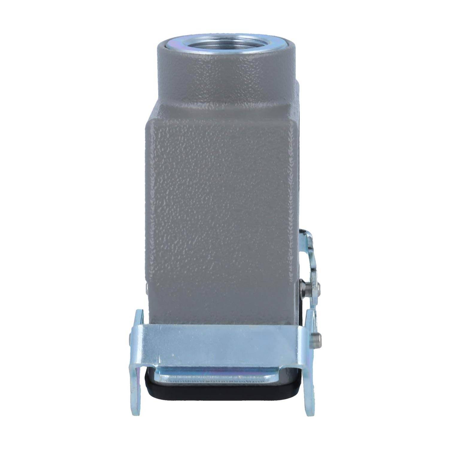 Ein grau-silbernes Anschlussgehäuse mit einem metallfarbenen Bodenbefestigungsclip, für industrielle Anwendungen konzipiert, mit einer glatten texturierten Oberfläche.