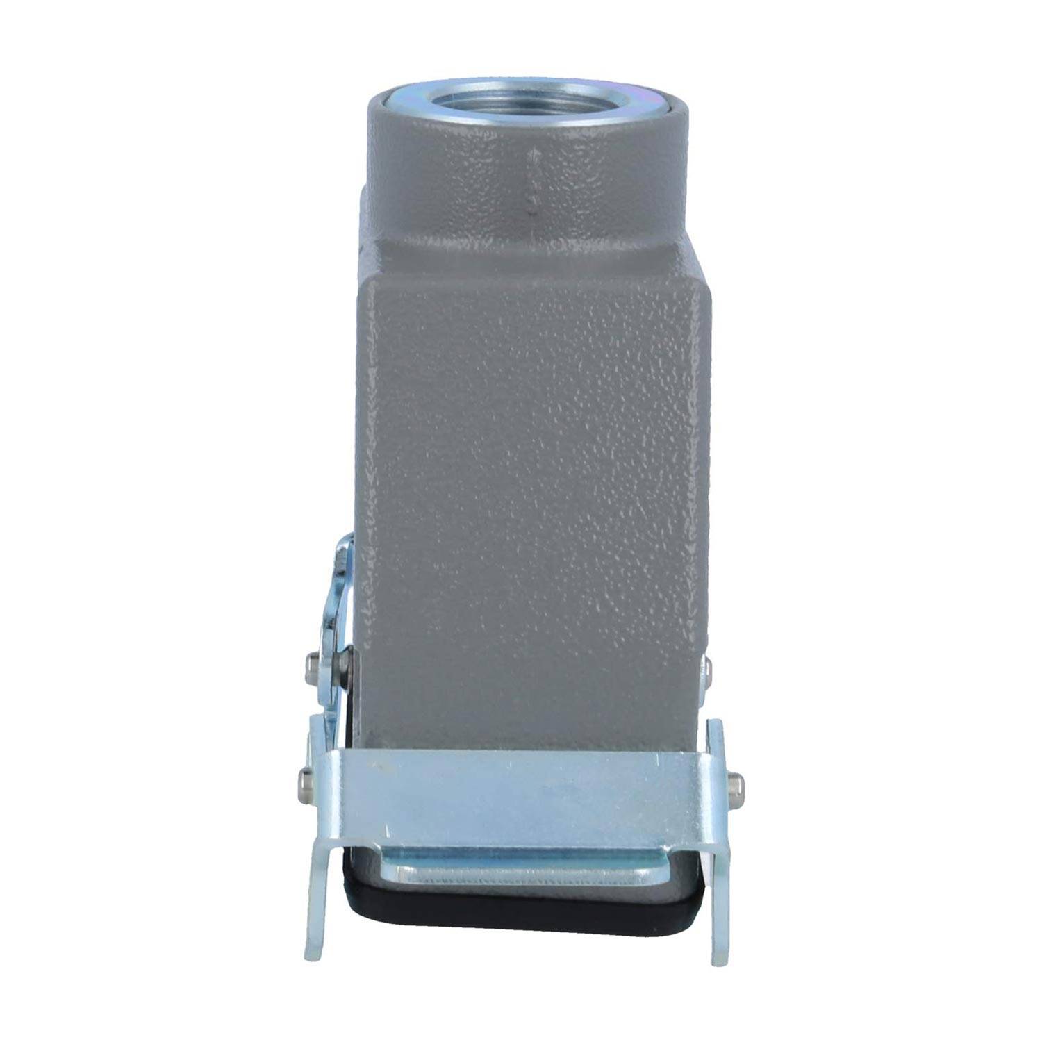 Rechteckiges Metallgehäuse mit einer kreisförmigen Öffnung an der Oberseite, höchstwahrscheinlich Teil eines industriellen Anschlusses oder Sockels, gesichert mit einem Metallverschluss.