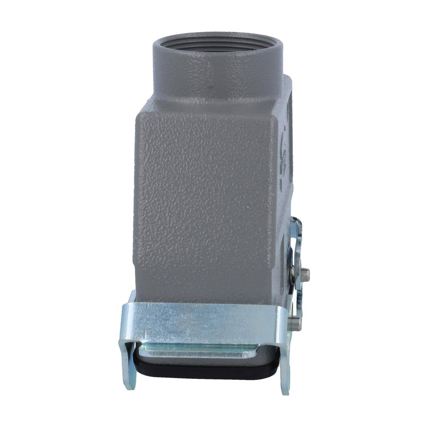 Ein graues industrielles Anschlussgehäuse in quadratischer Form mit metallischem Verschluss, konzipiert für eine sichere Befestigung in elektrischen Installationen.