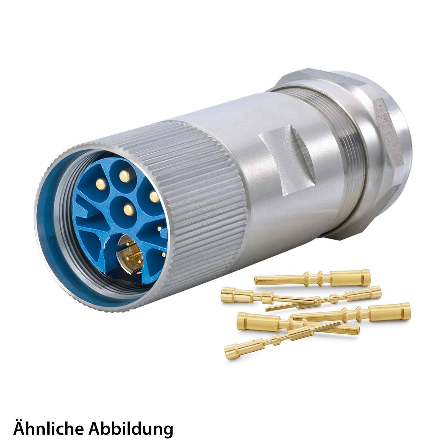 Ein zylindrischer, silberner elektrischer Steckverbinder mit blauem Innenraum, der mehrere goldene Stifte zeigt, zusammen mit losen Goldkontakten.