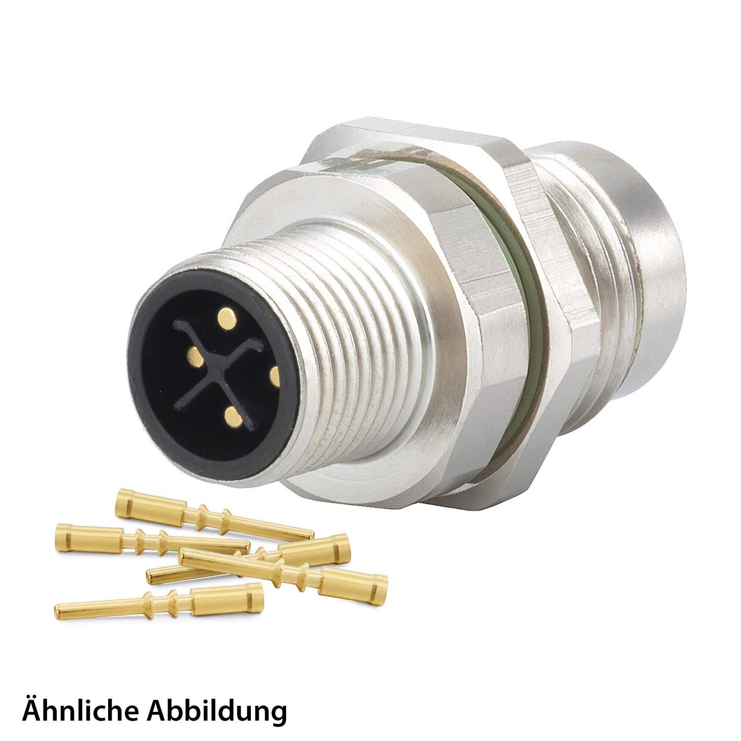 Ein M12-Einbauanschluss mit 5-poliger Konfiguration. Mehrere vergoldete Pins sind separat neben dem Anschluss dargestellt.