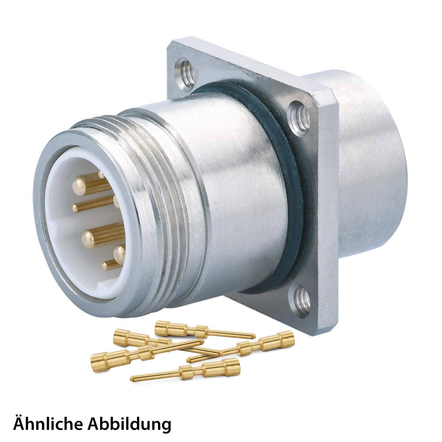 Ein Metall-Rundfachanschluss mit mehreren Stiften, der für elektrische Anwendungen verwendet wird, neben mehreren goldfarben Stiften.