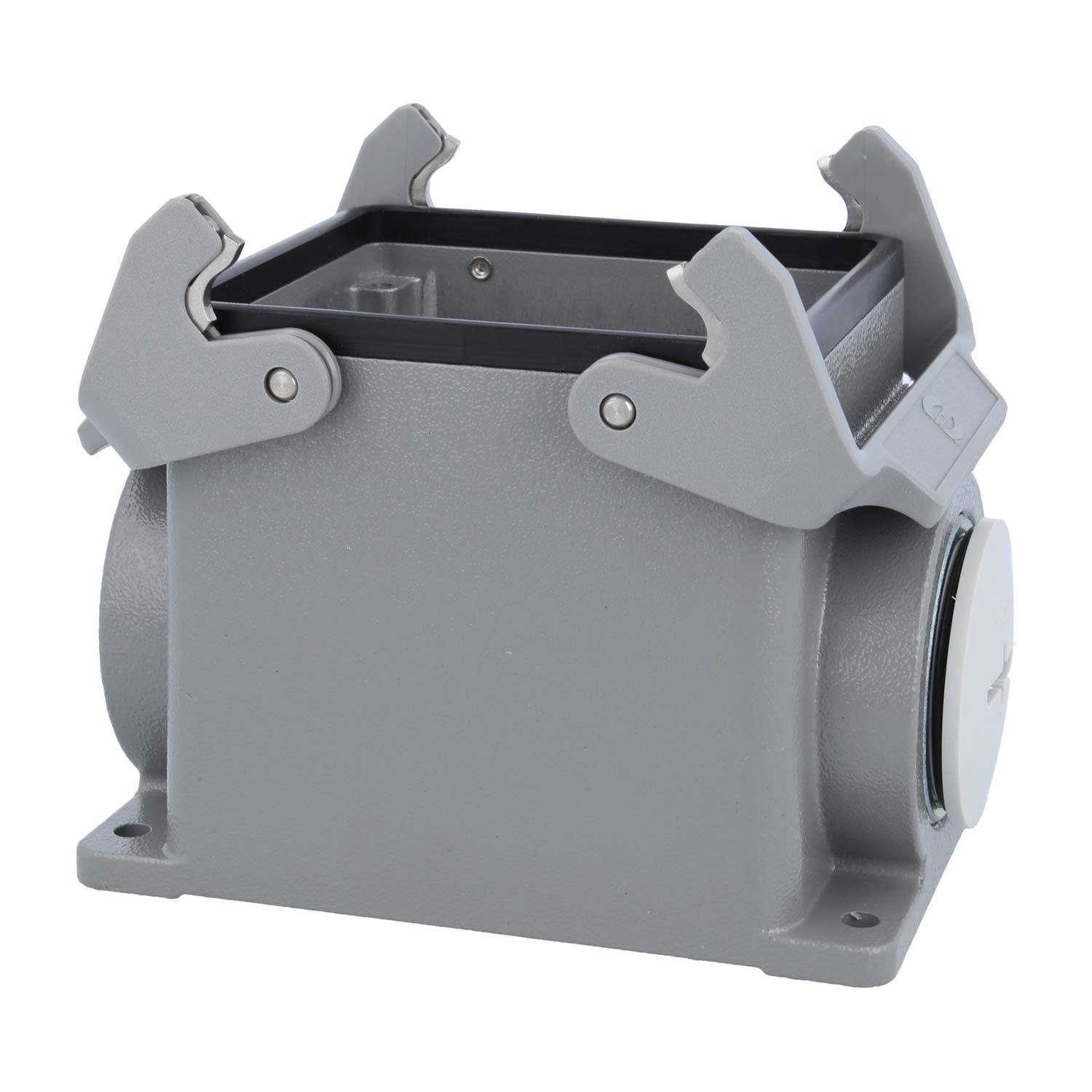 Eine graue industrielle rechteckige Box mit offenen Verschlüssen auf der Oberseite, konzipiert zur Unterbringung von elektrischen Komponenten oder Verbindungen.