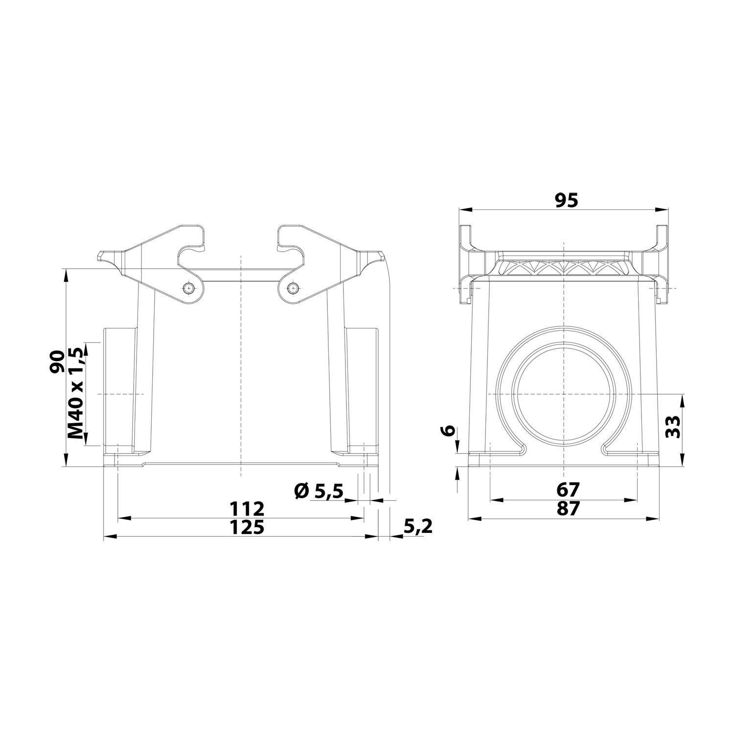 Technische Zeichnung eines mechanischen Bauteils mit den Abmessungen 125x87 mm, mit Seiten- und Draufsicht. Wichtige Messungen und Winkel beschriftet.