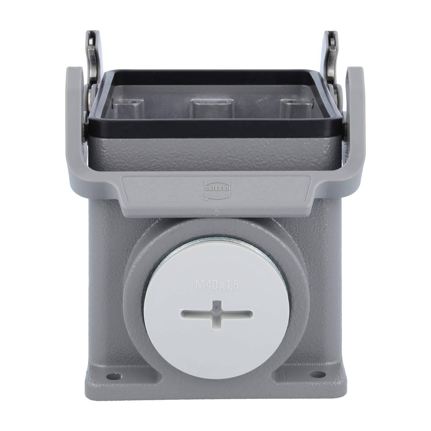 Industrielles rechteckiges Anschlussgehäuse, Frontansicht. Grau mit einer kreisförmigen weißen Kappe mit der Beschriftung 