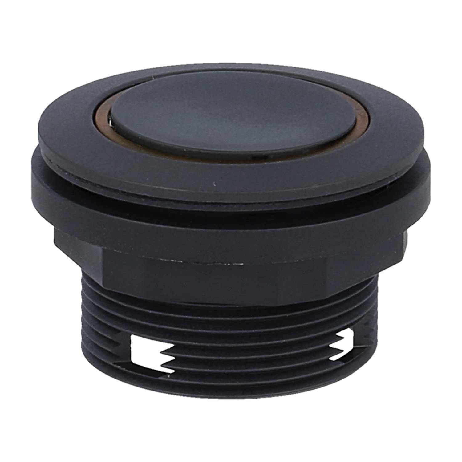 Ein schwarzer Drucktastenschalter mit einer Gewindebasis und einer kreisförmigen Oberseite.