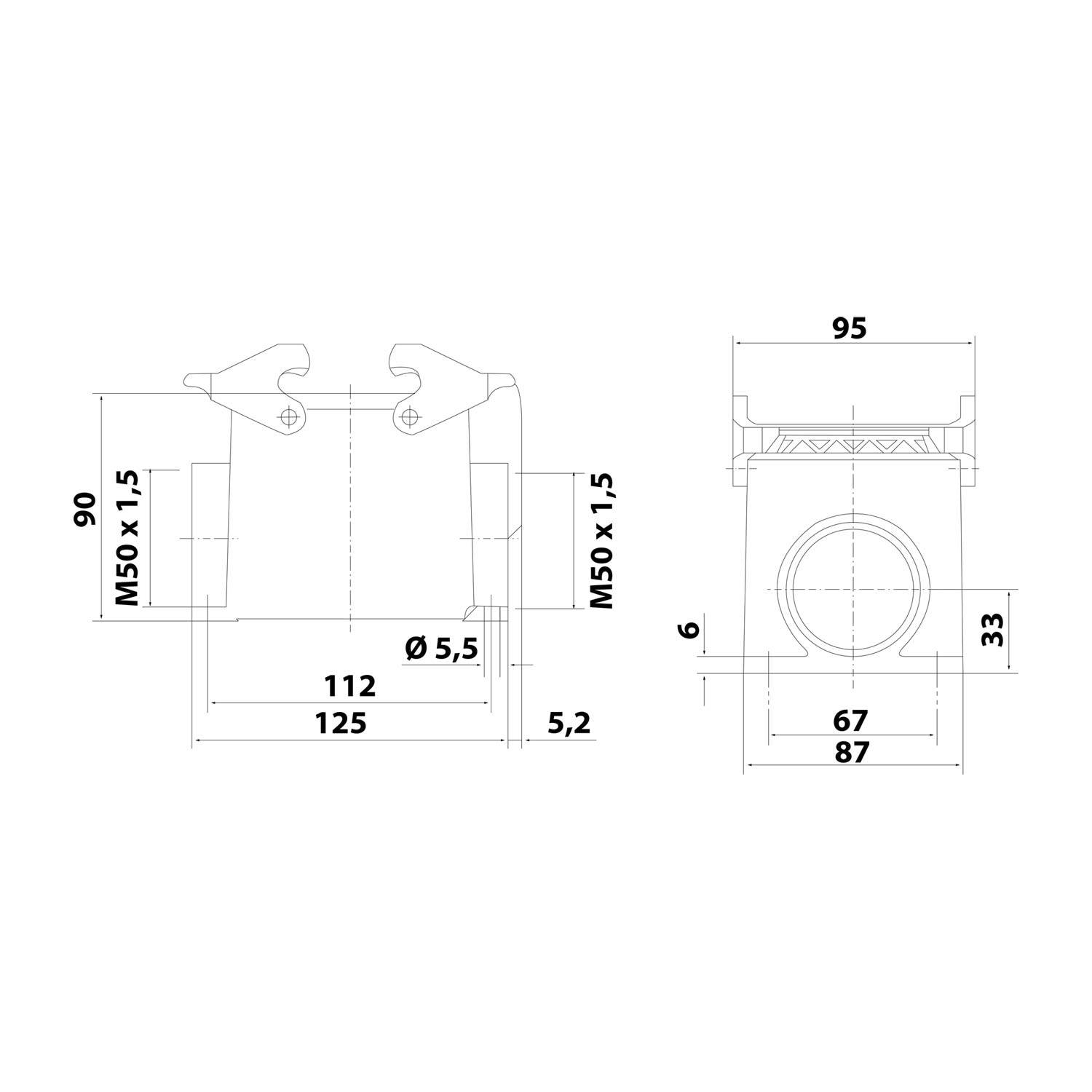 05300320267 HARTING Han 32B Sockelgehäuse hoch, 2xM50 seitlicher Kabelabgang, mit 2 Querbügeln Verschraubung M50