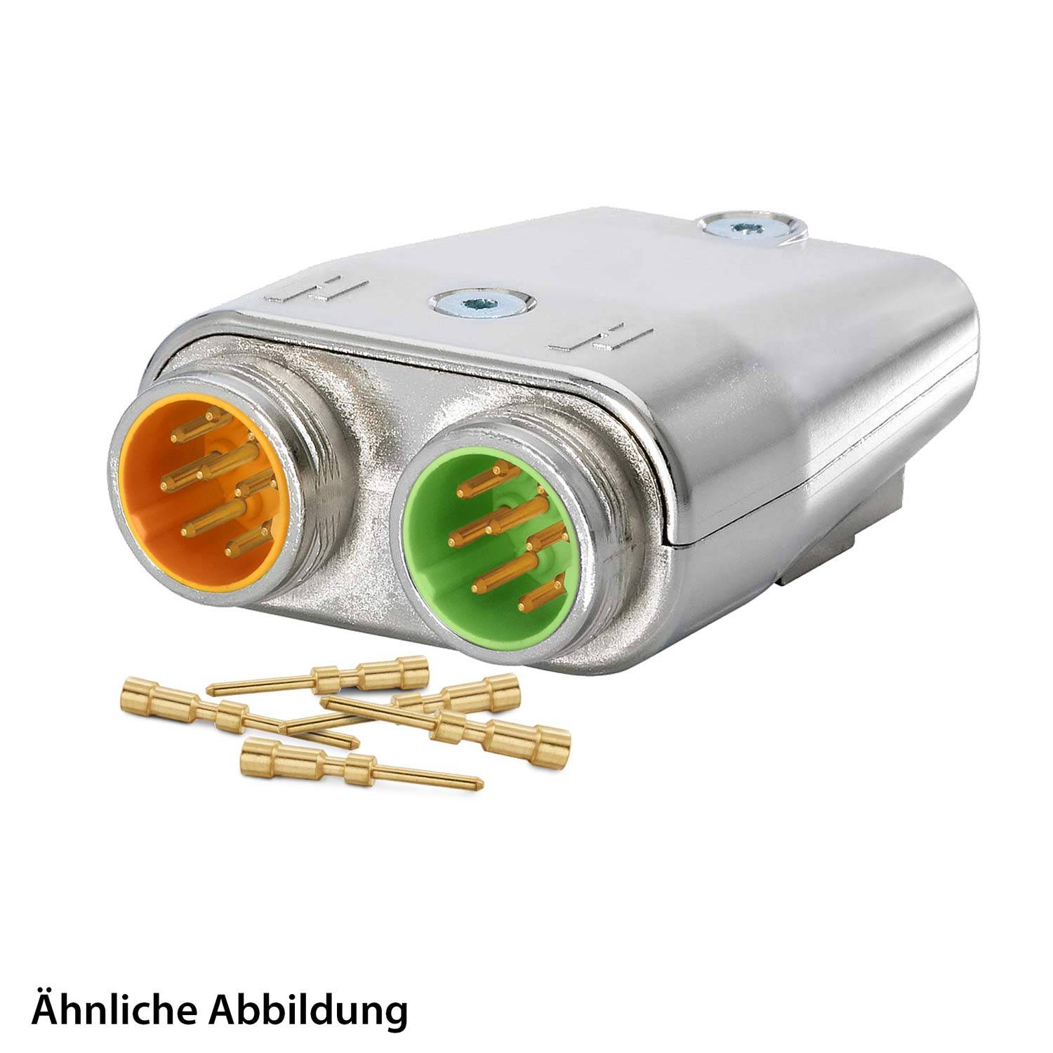 Nahaufnahme eines metallischen Anschlusses mit zwei kreisrunden Anschlüssen, einem orangefarbenen und einem grünen, mit losen Pins, die darunter angeordnet sind.